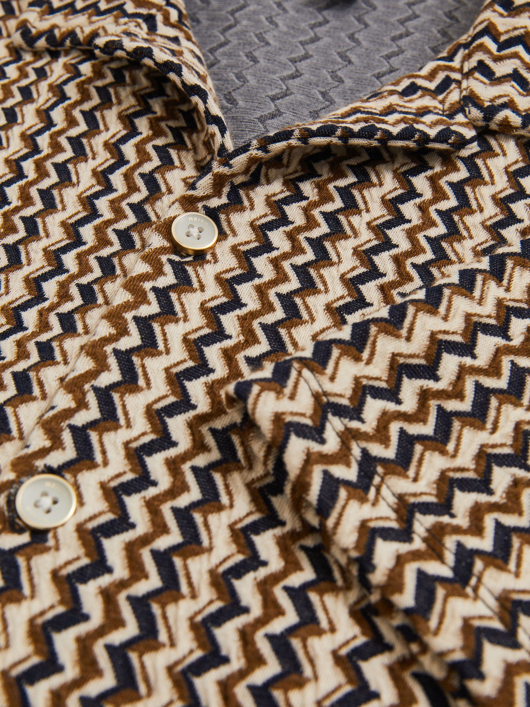 Zig-Zag Knit Cuban-Collar Shirt in Tobacco Brown