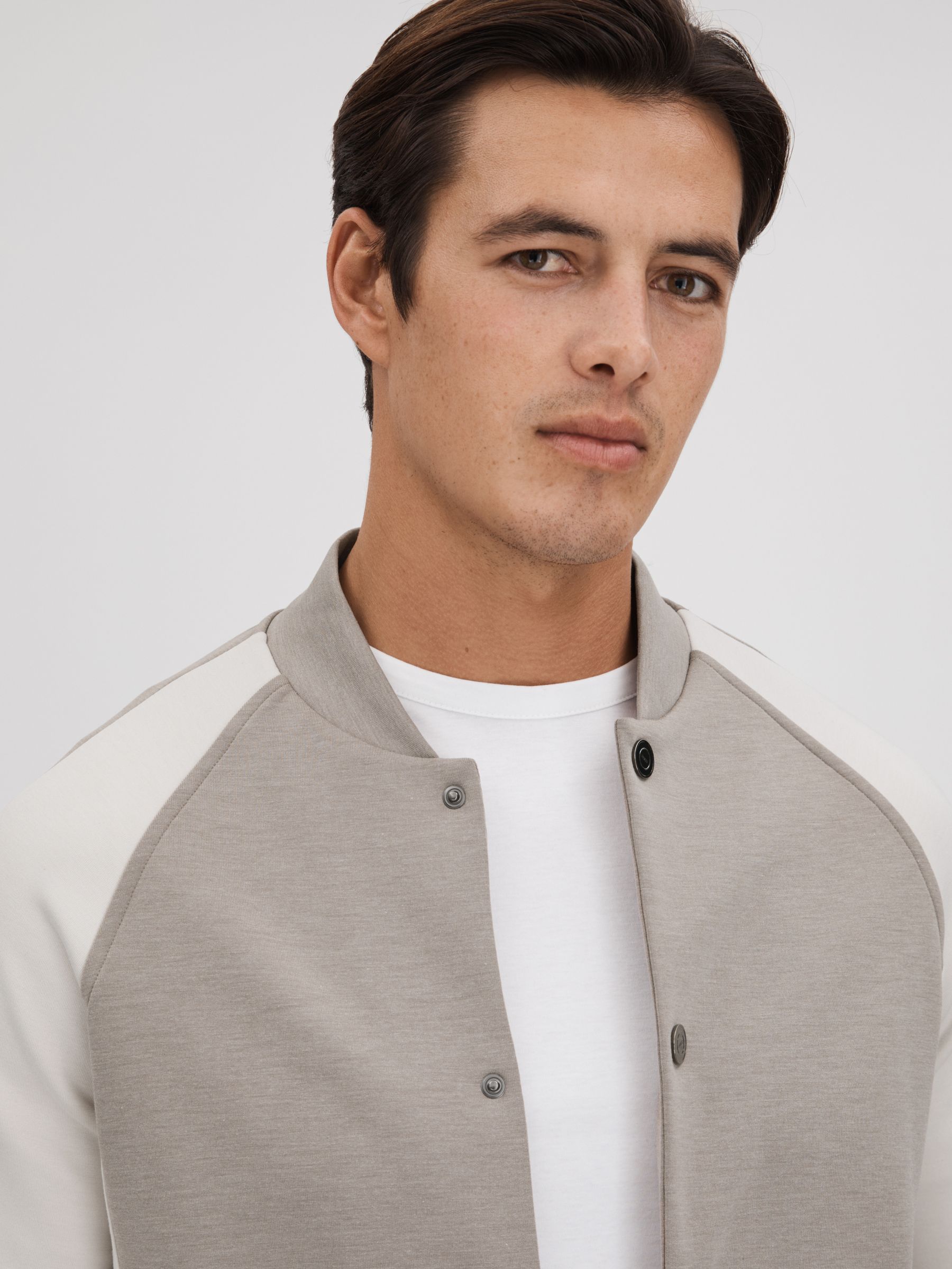 Colourblock Jersey Bomber Jacket in Taupe/White