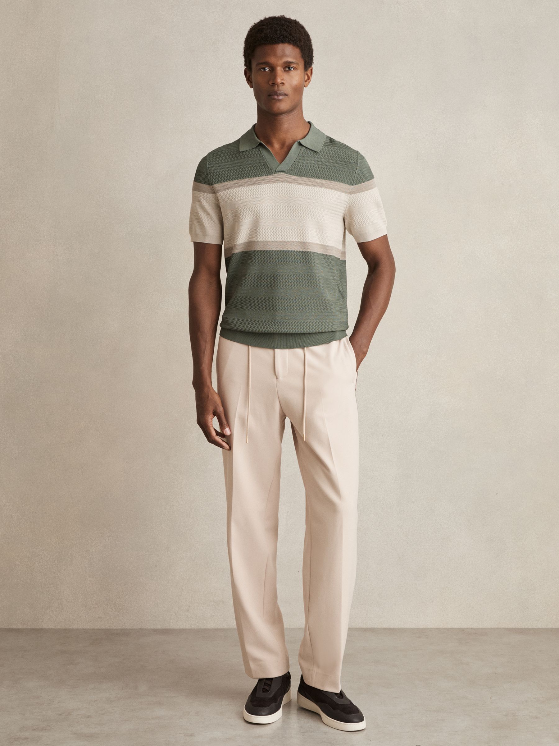 Textured Knit Stripe Polo Shirt in Sage Green