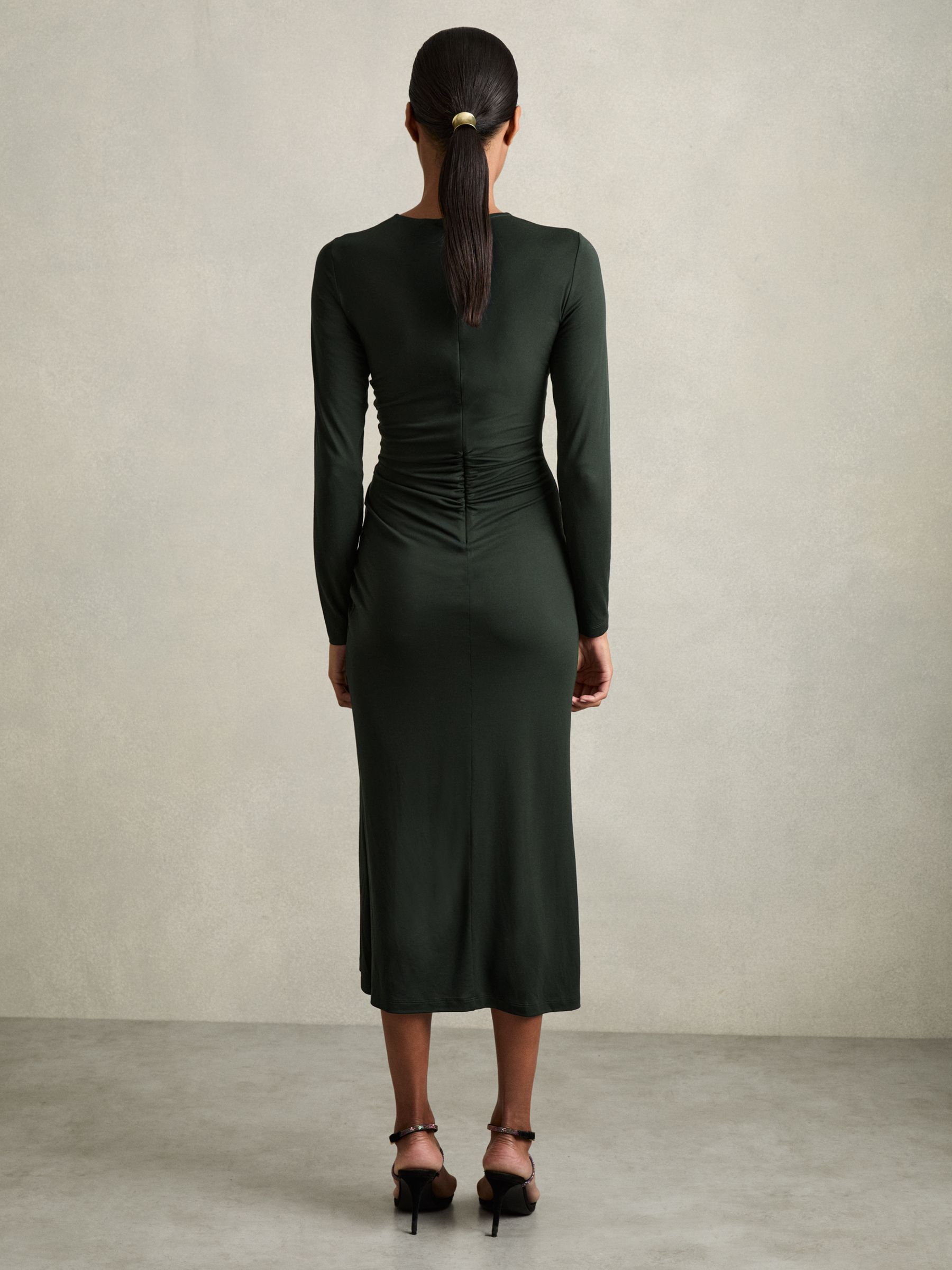 Jersey Ruched Midi Dress in Dark Green