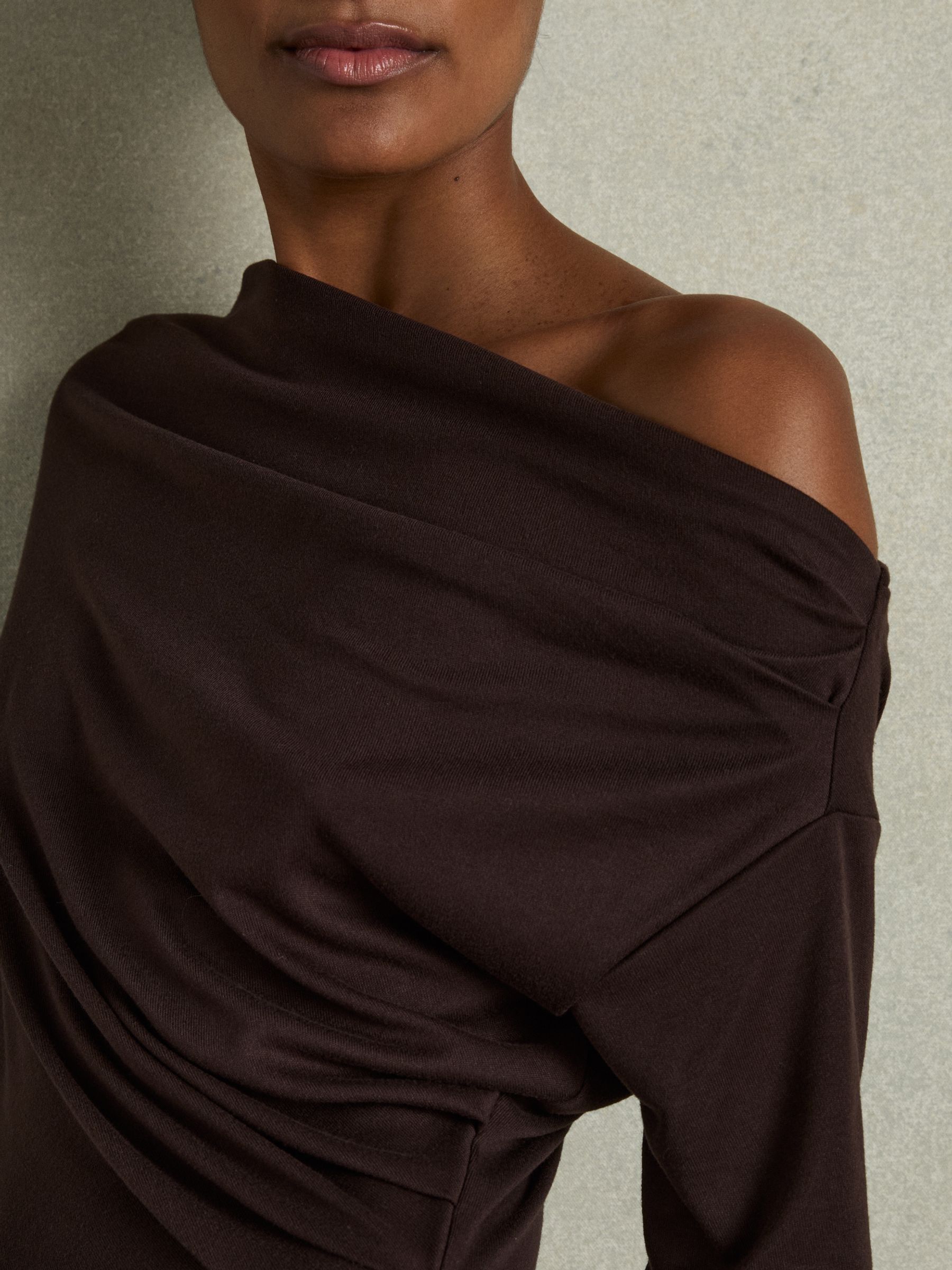 Off-The-Shoulder Ruched Jersey Midi Dress in Brown