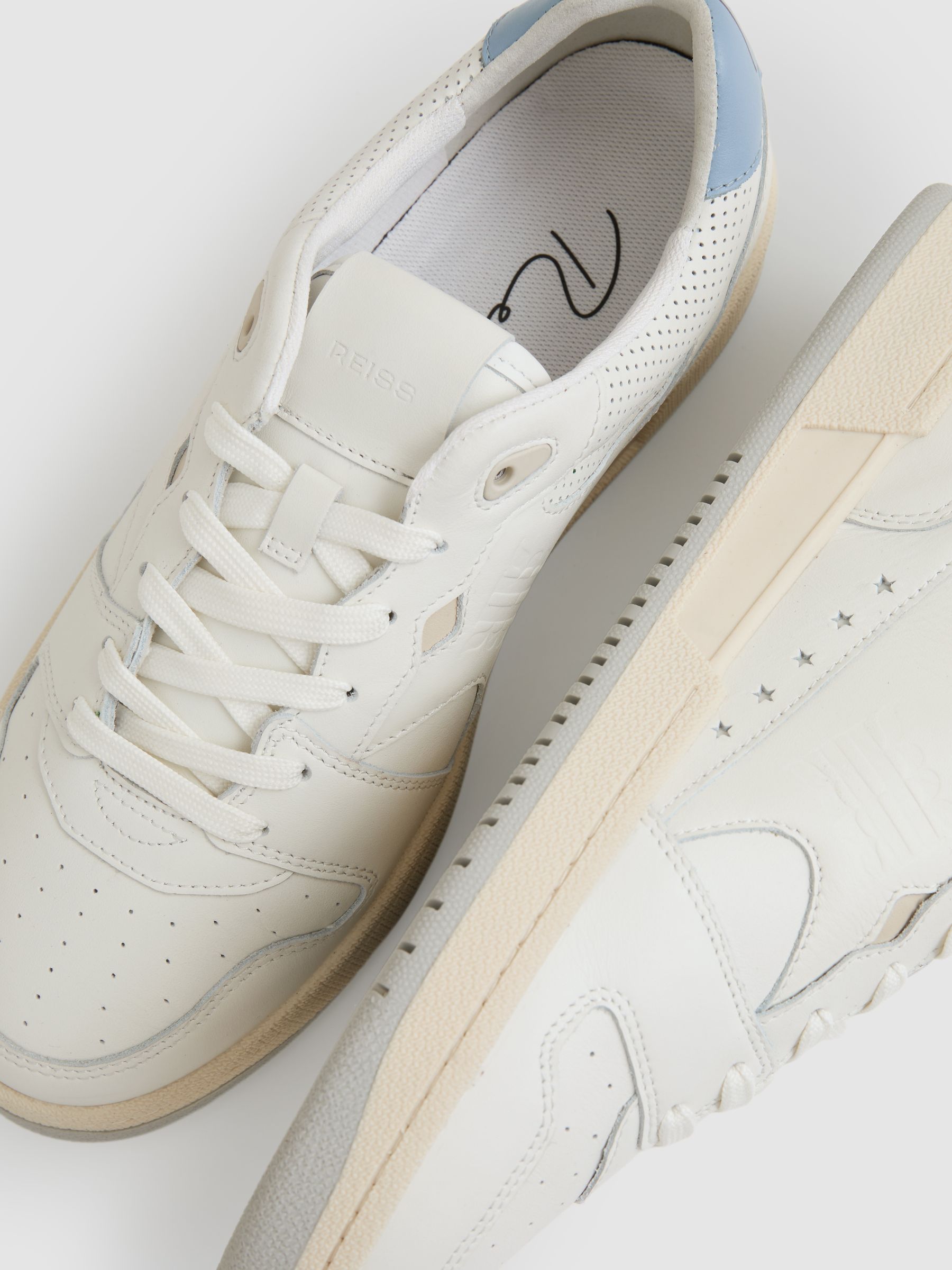 Leather Low Top Trainers in Off White/Soft Blue