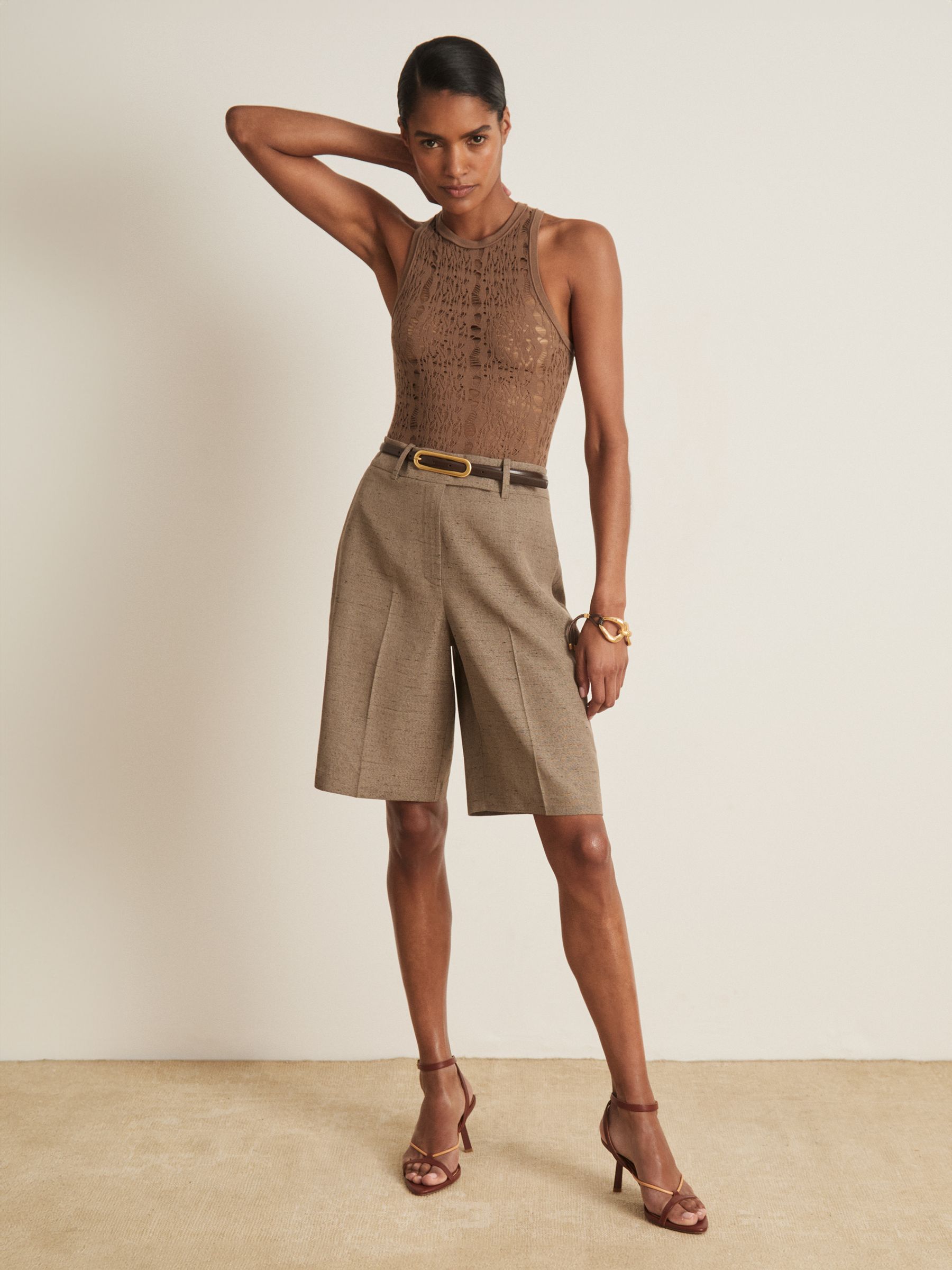 Atelier Lace-Knit High-Neck Bodysuit in Taupe