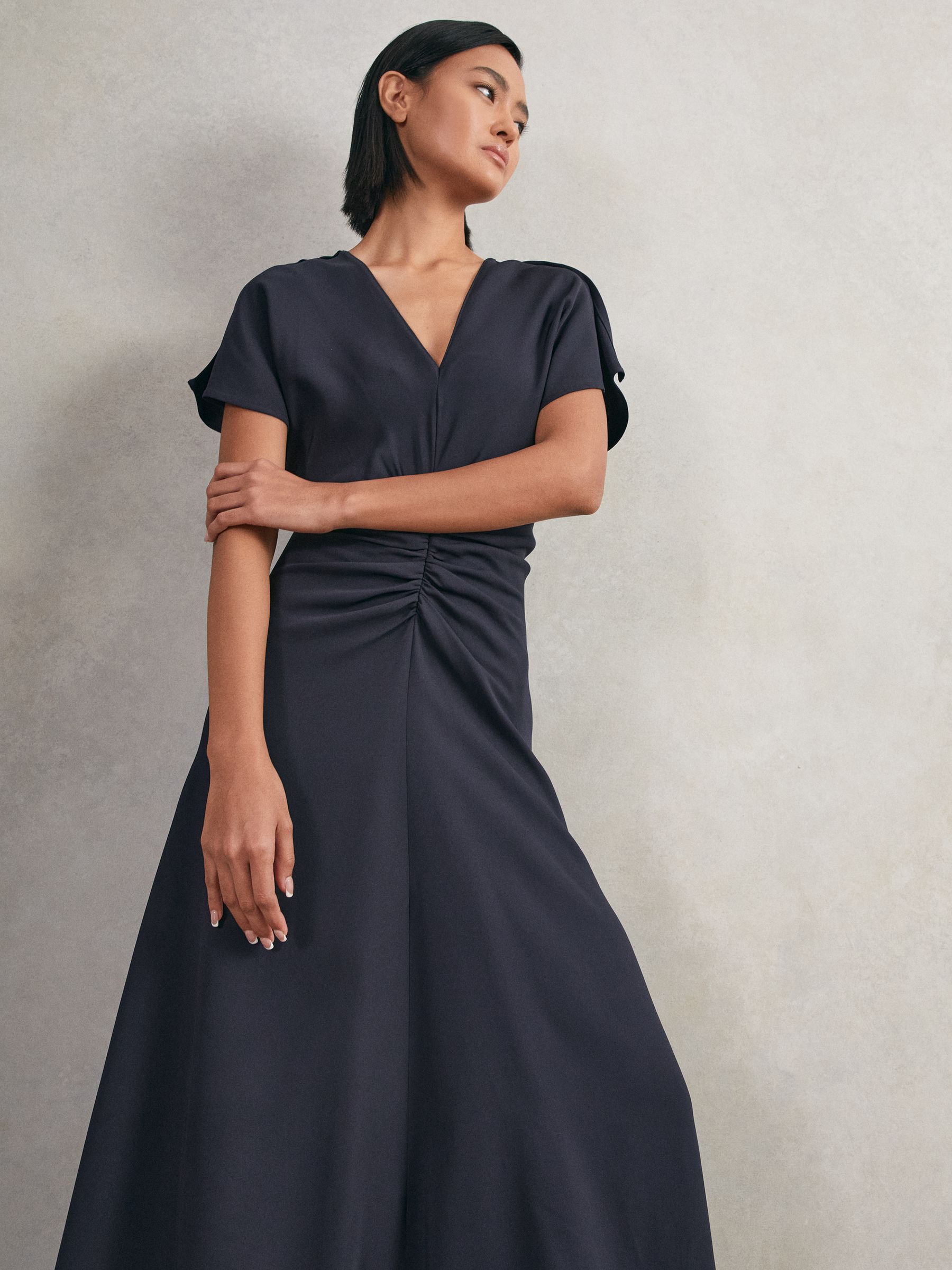 Petite Ruched-Front Midi Dress in Navy