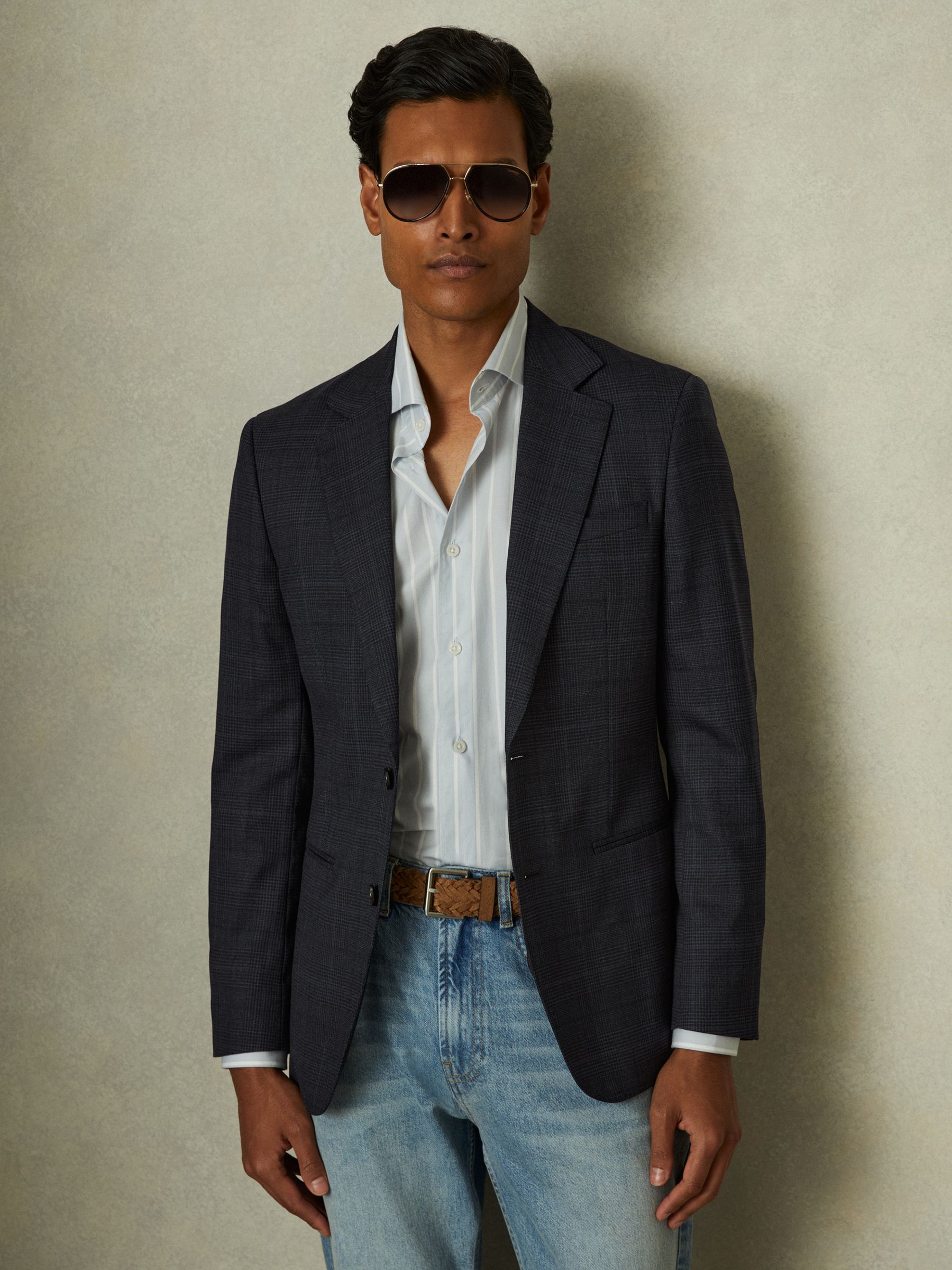 Single-Breasted Wool Blend Blazer in Prince of Wales Check in Navy