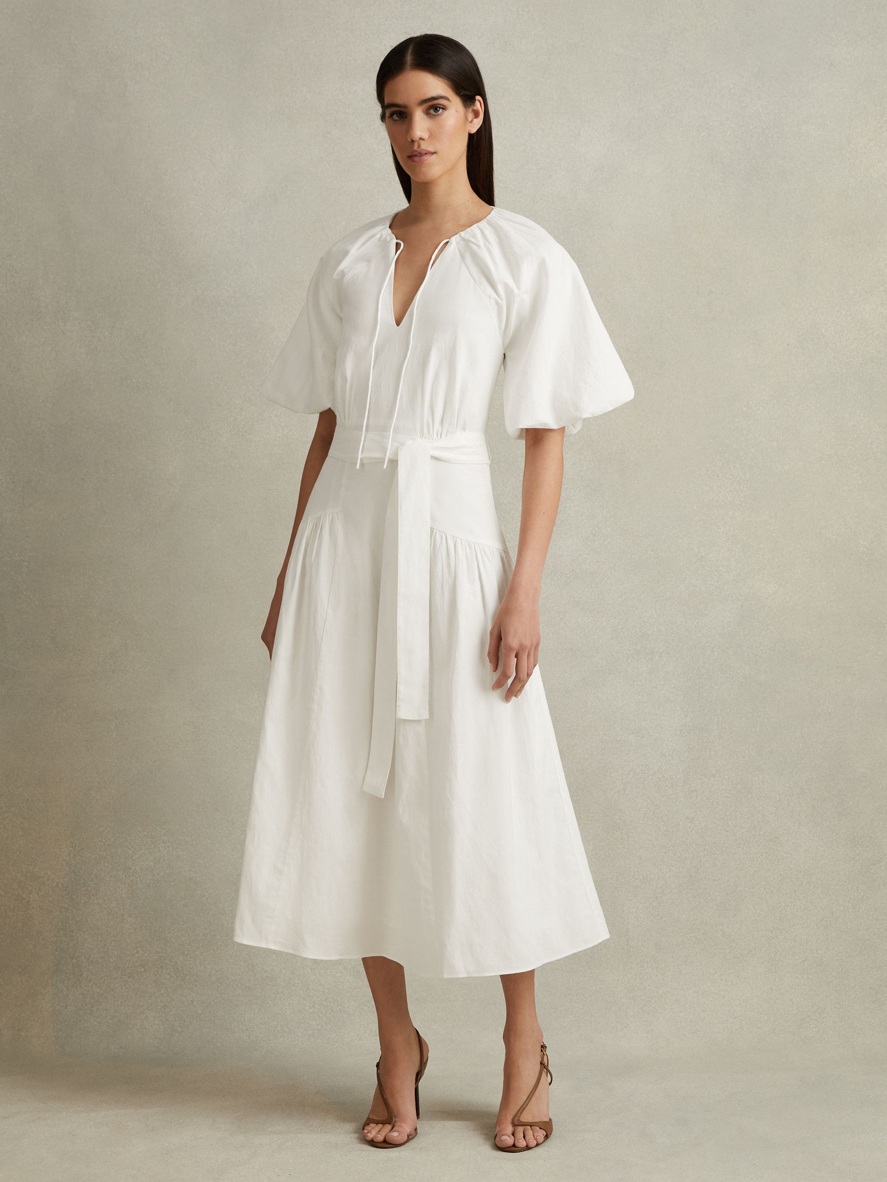 Petite Lyocell Blend Puff Sleeve Midi Dress in White