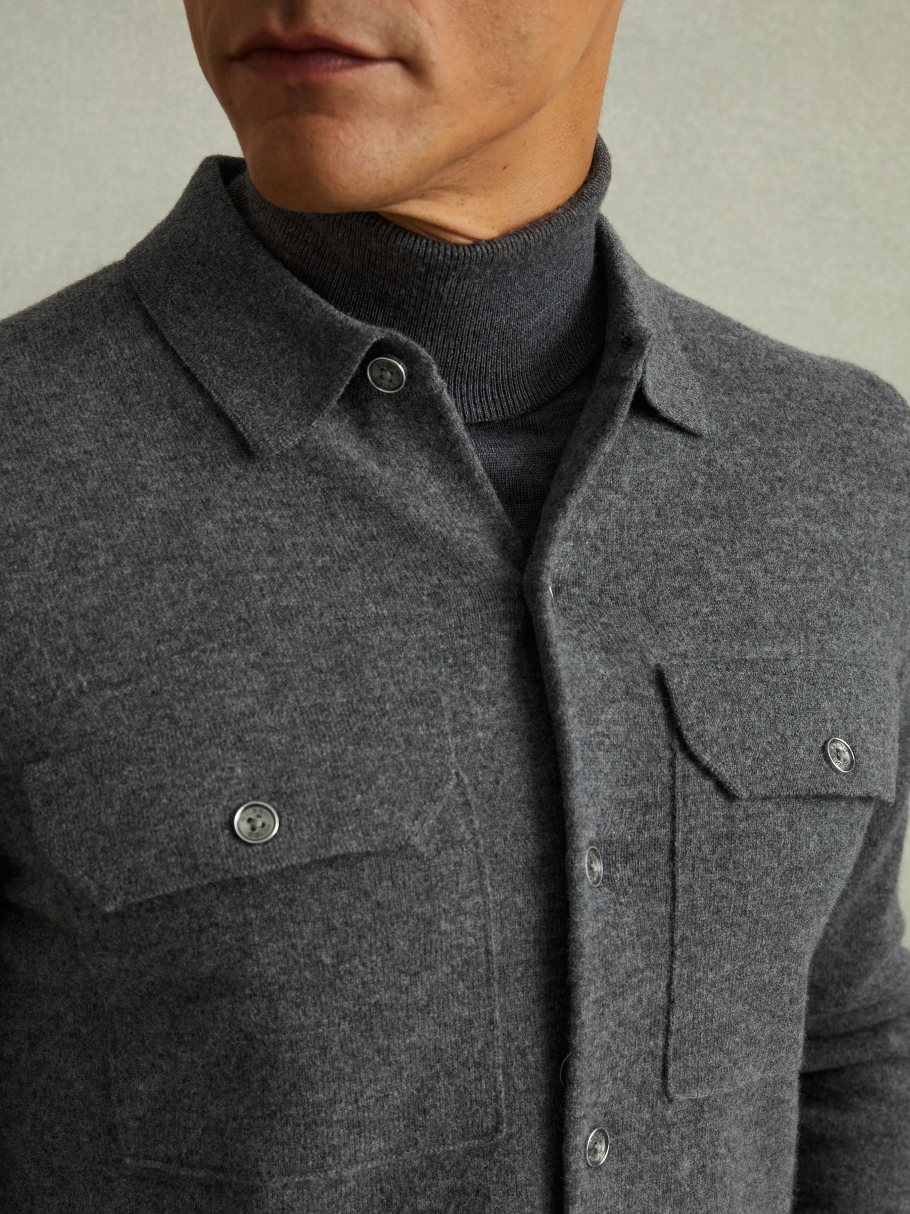 Merino Wool Button-Front Cardigan in Grey Melange