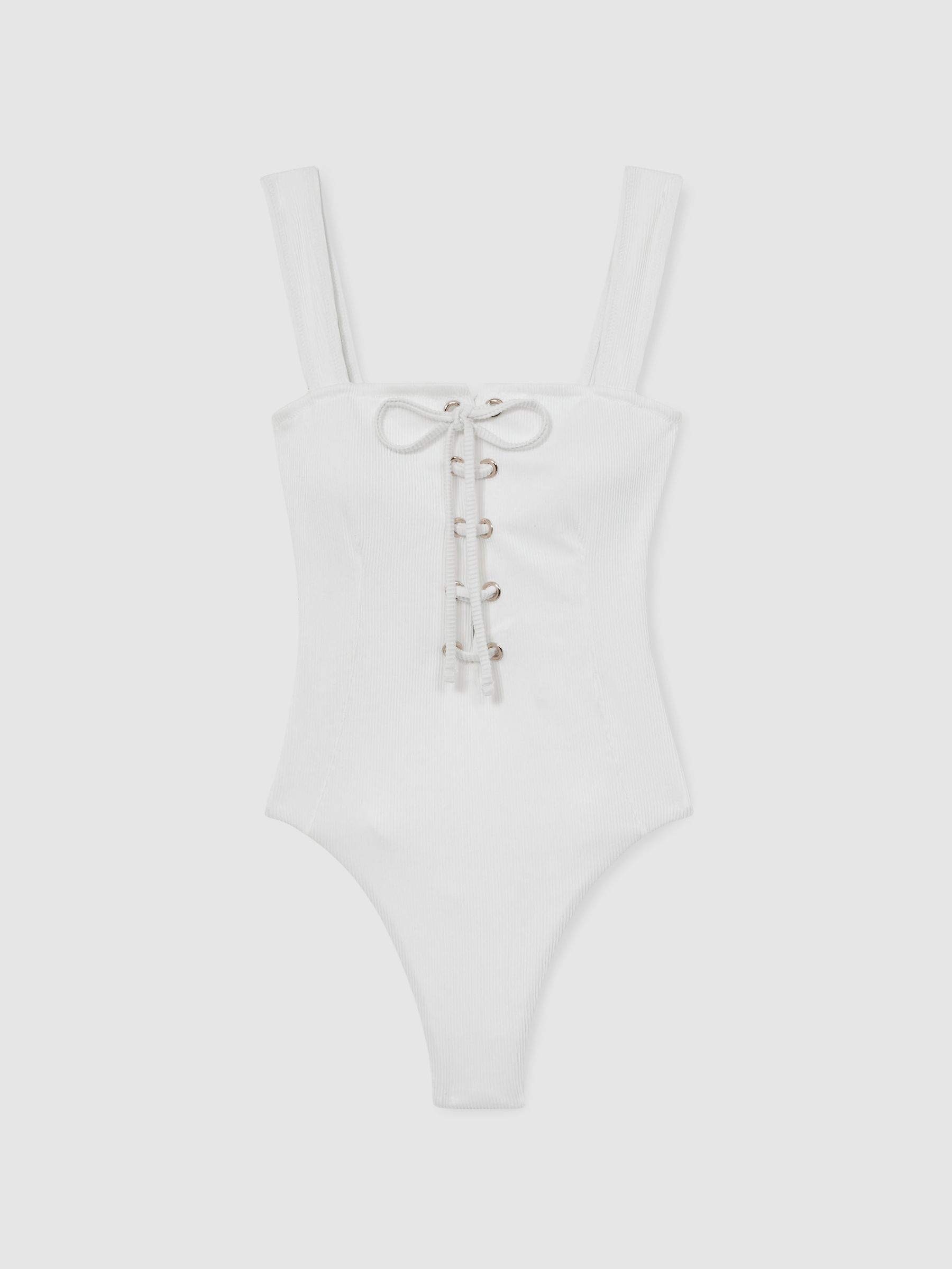 Ribbed Lace-Up Swimsuit in White