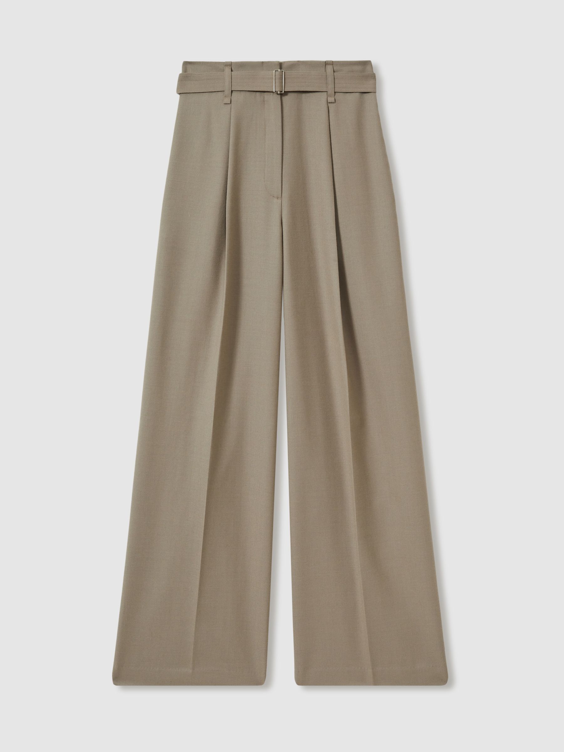 Wool Belted Wide-Leg Trousers in Neutral