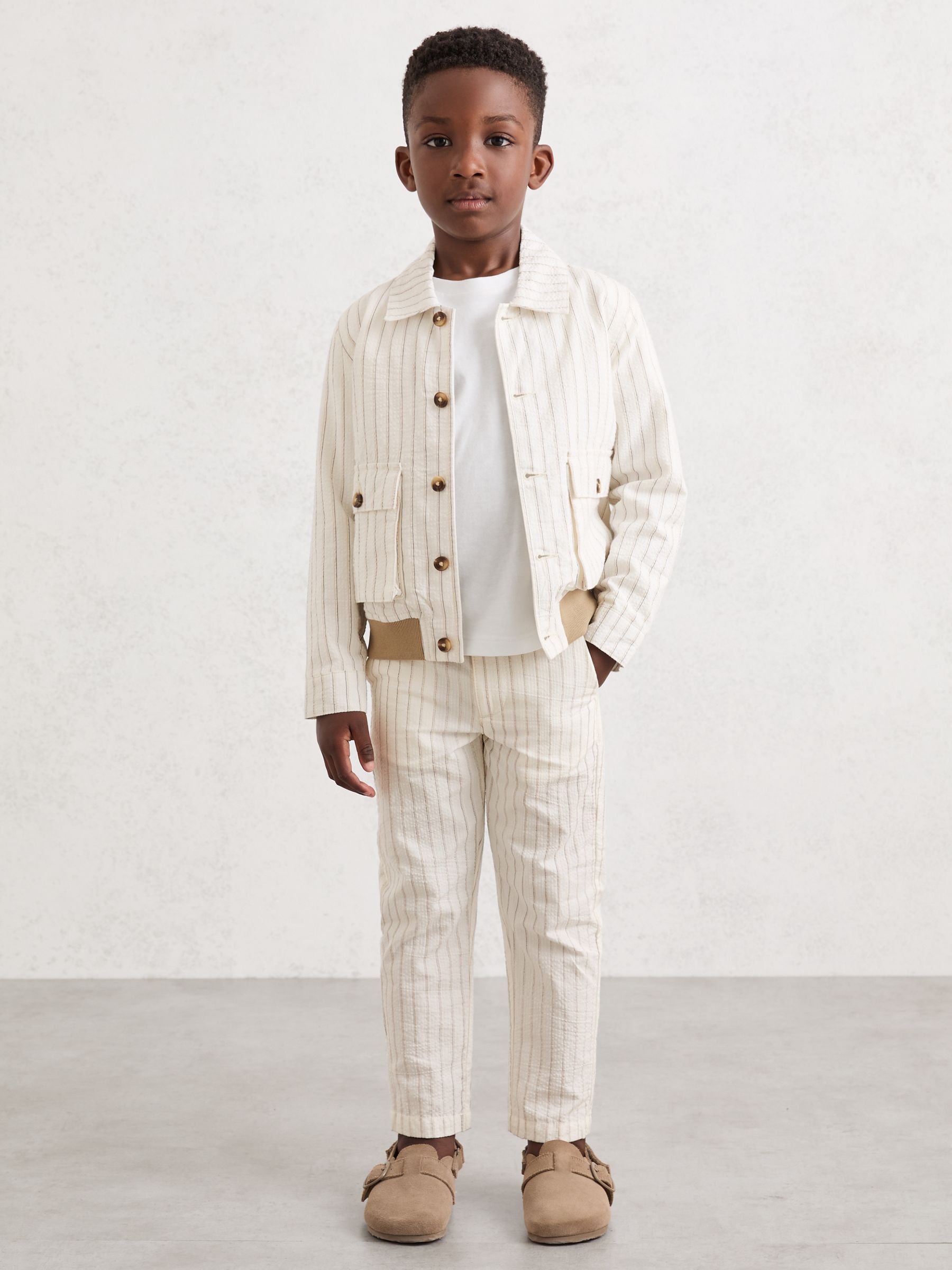 9-13 yrs Cotton Pinstripe Harrington Jacket in Off White/Taupe Brown