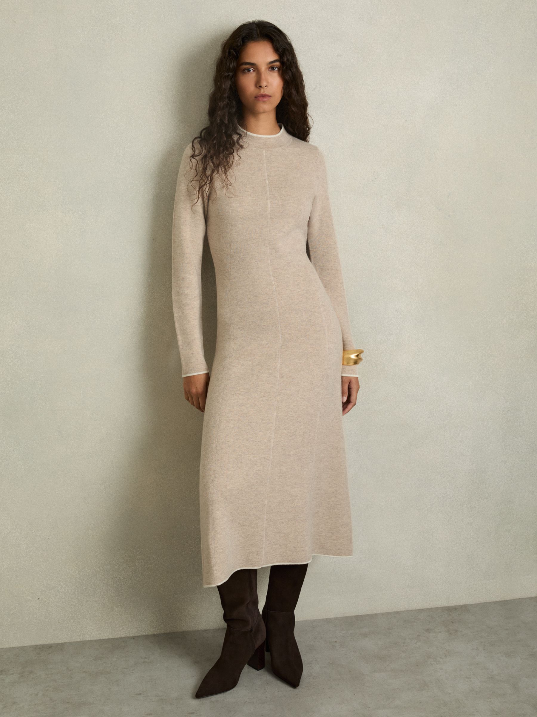 Knitted Mélange Midi Dress With Cashmere in Neutral