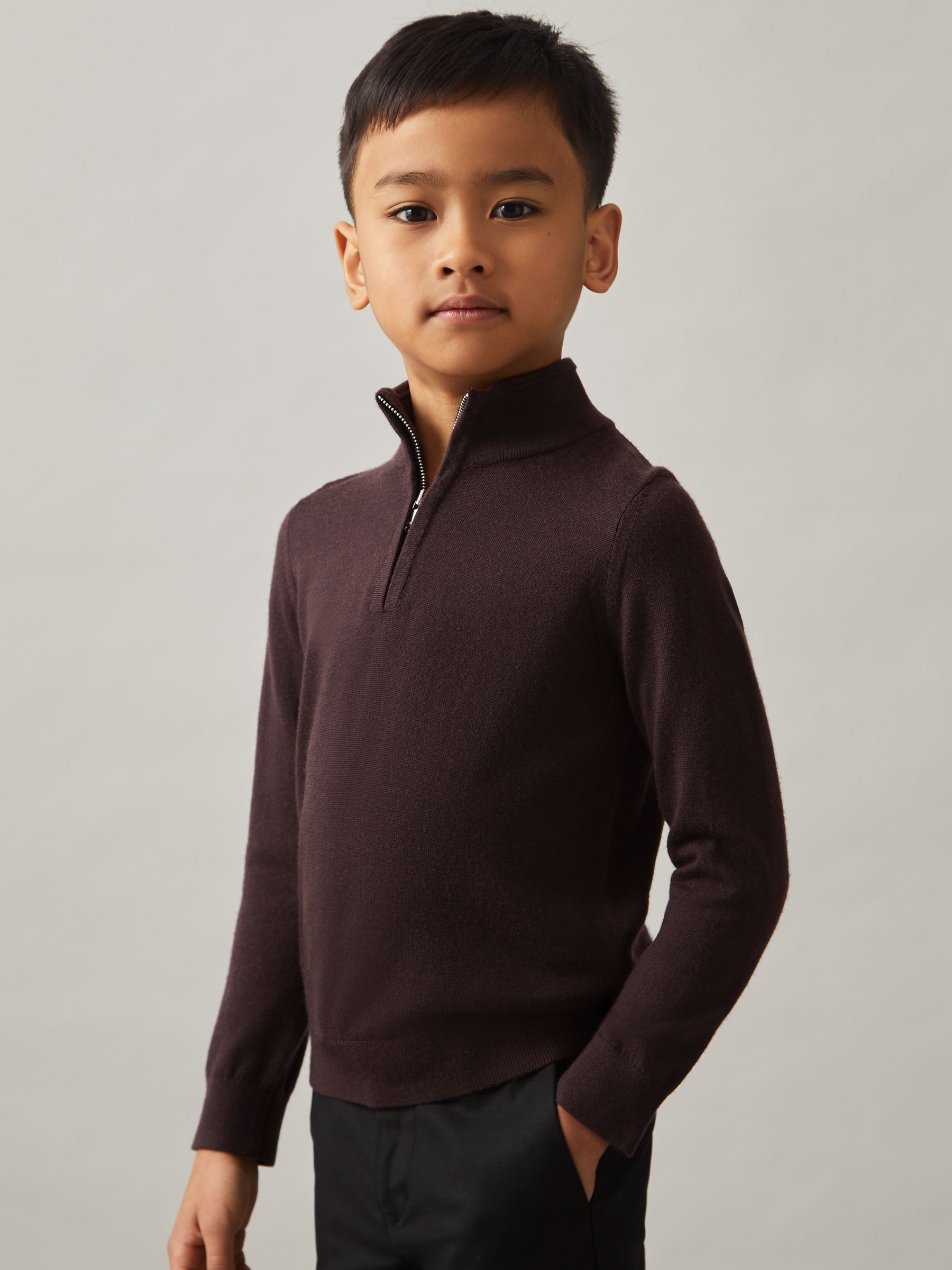 9-13 yrs Merino Wool Half-Zip Funnel Neck Jumper in Dark Bordeaux