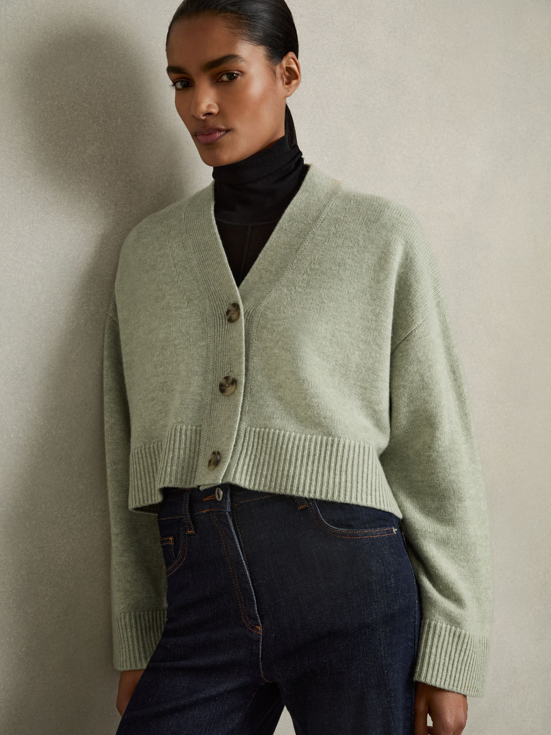 Wool-Cashmere Cropped Cardigan in Sage