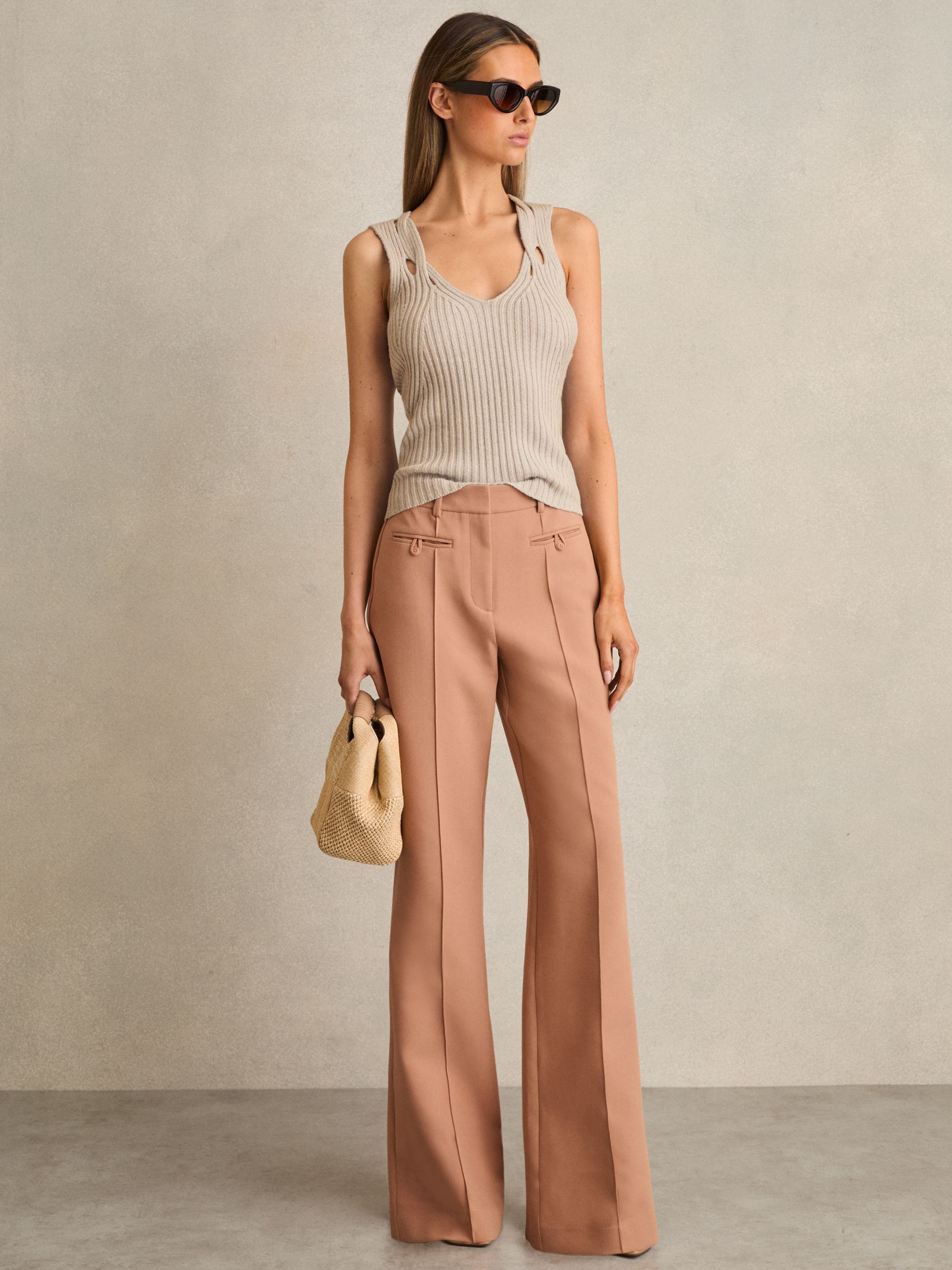 Welt Pocket Flared Trousers in Tan