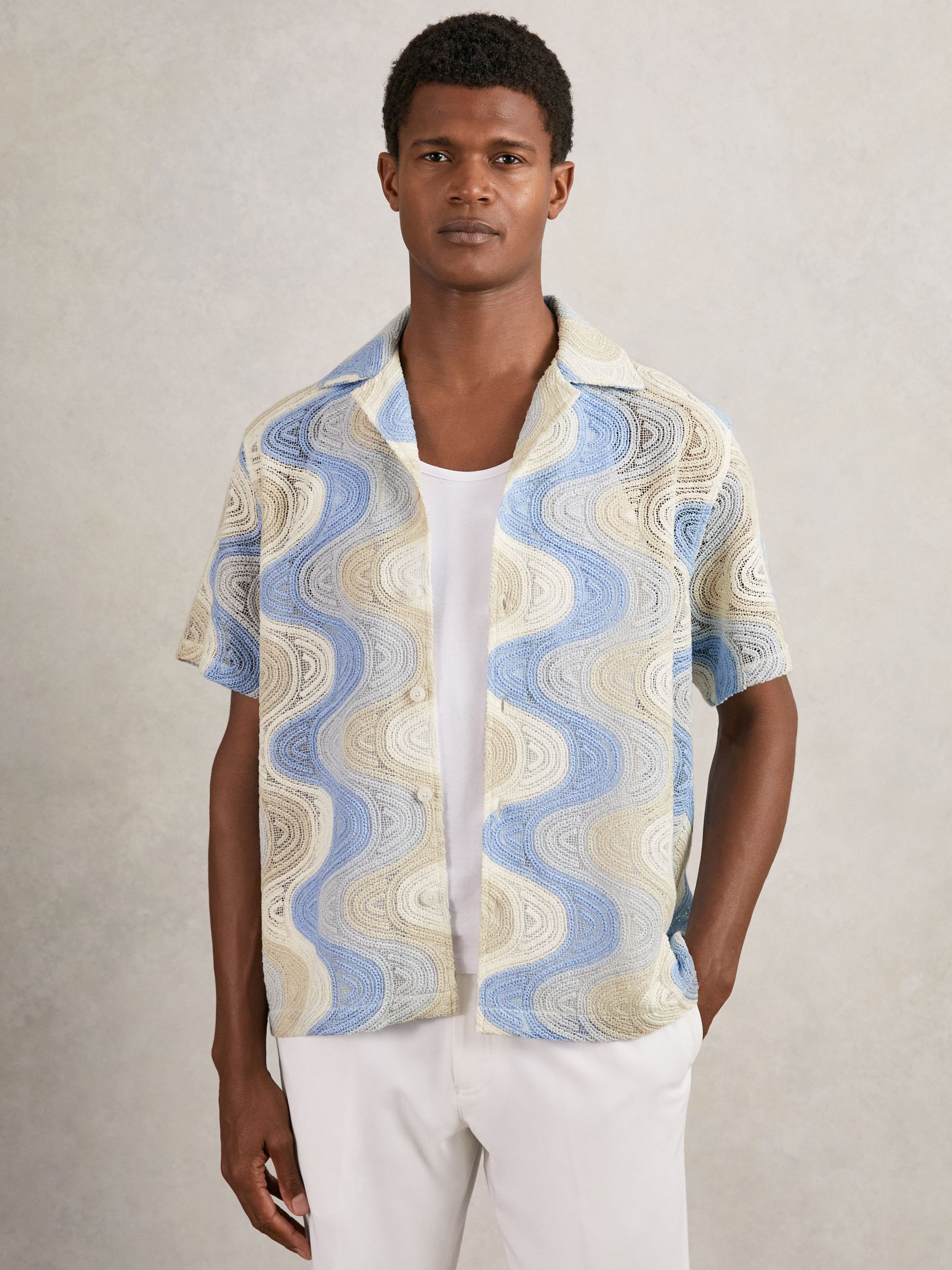 Wave Crochet Cuban Collar Shirt in Blue Multi