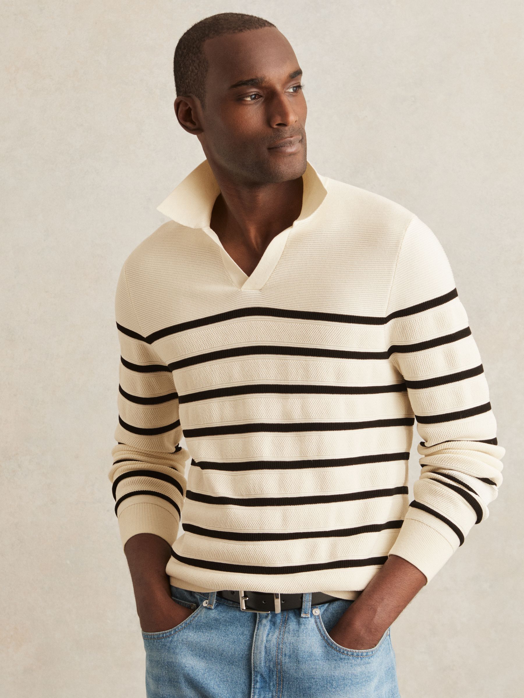 Cotton Blend Stripe Knit Polo Shirt in Warm Stone/Black