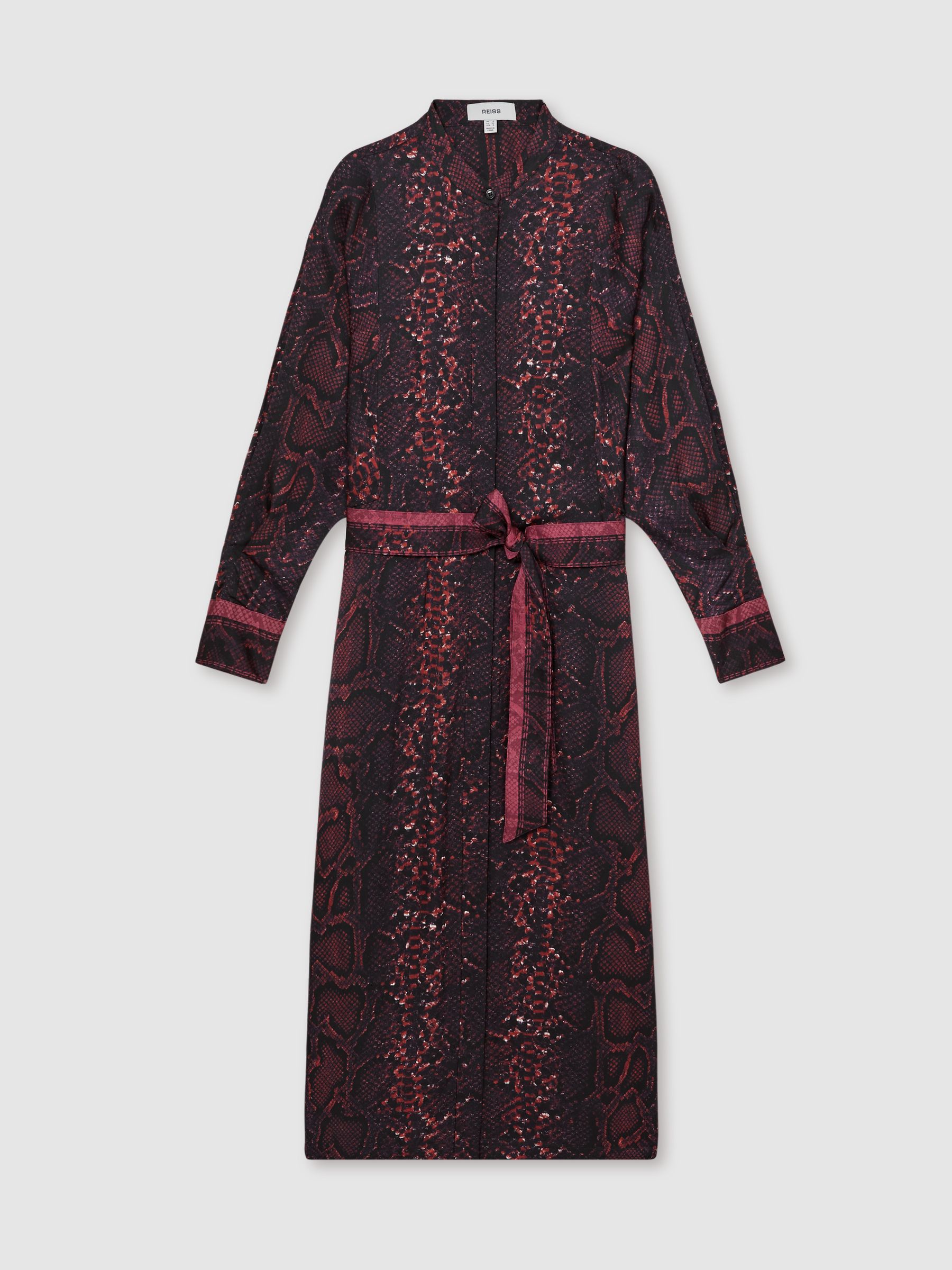 Snake-Print Belted Shirt Dress in Burgundy/Black