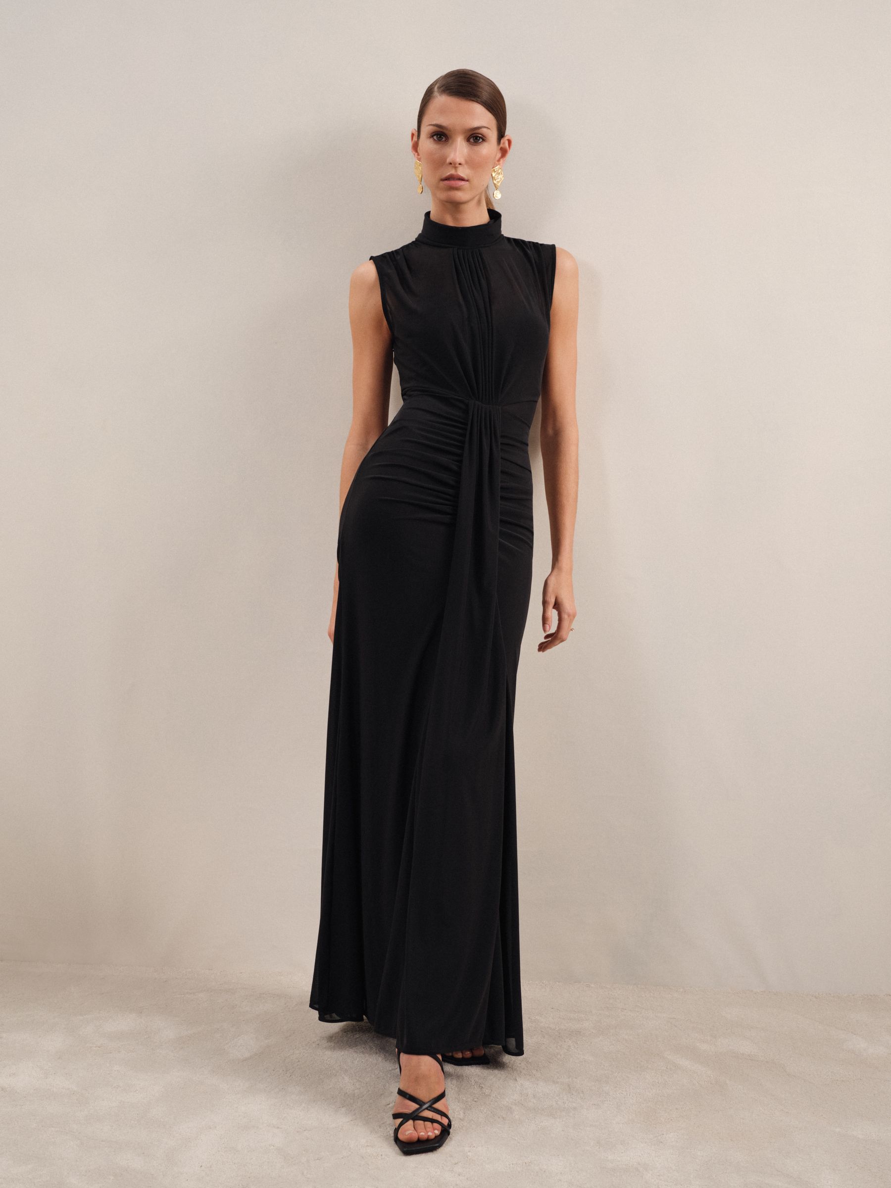 Petite Ruched Sleeveless Maxi Dress in Black
