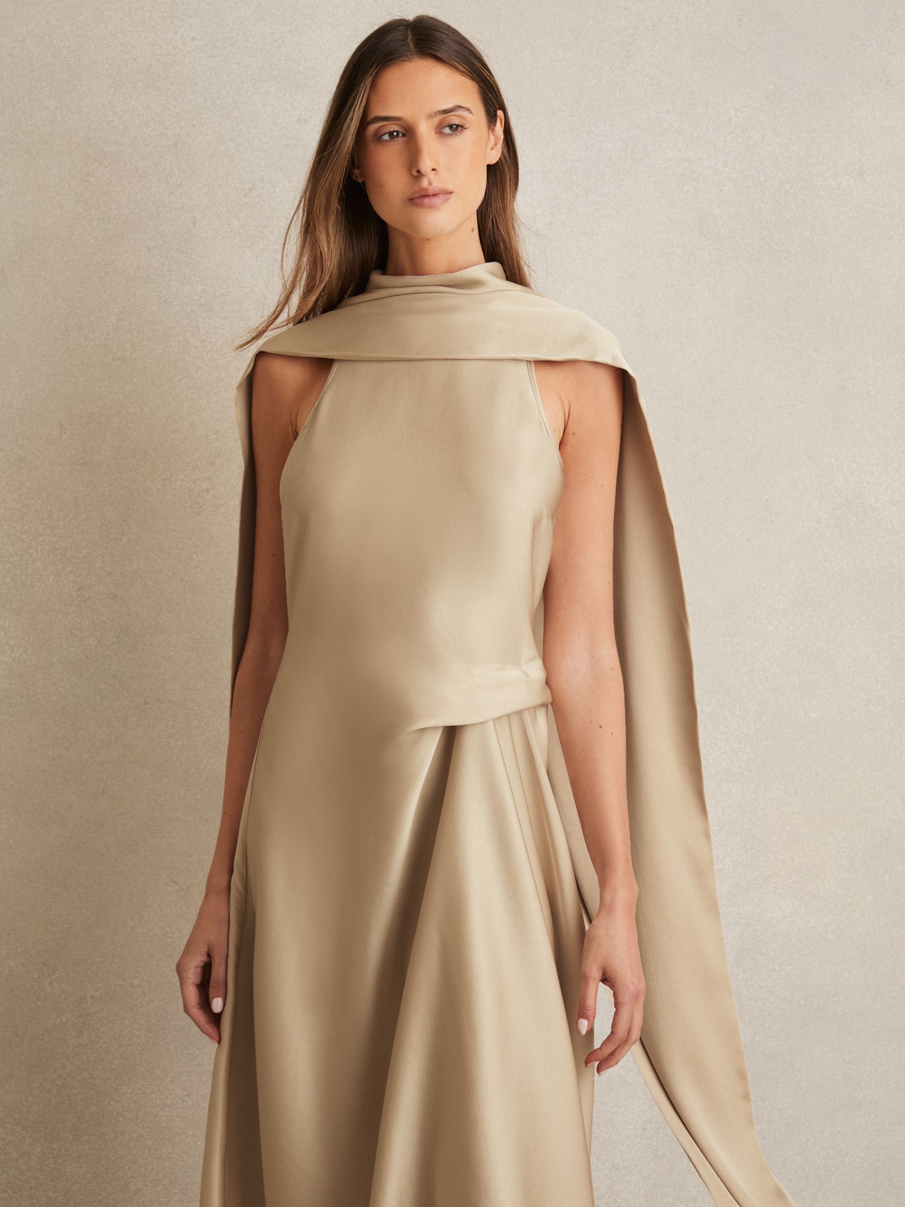 Satin Tuck-Detail Cape Midi Dress in Champagne Neutral