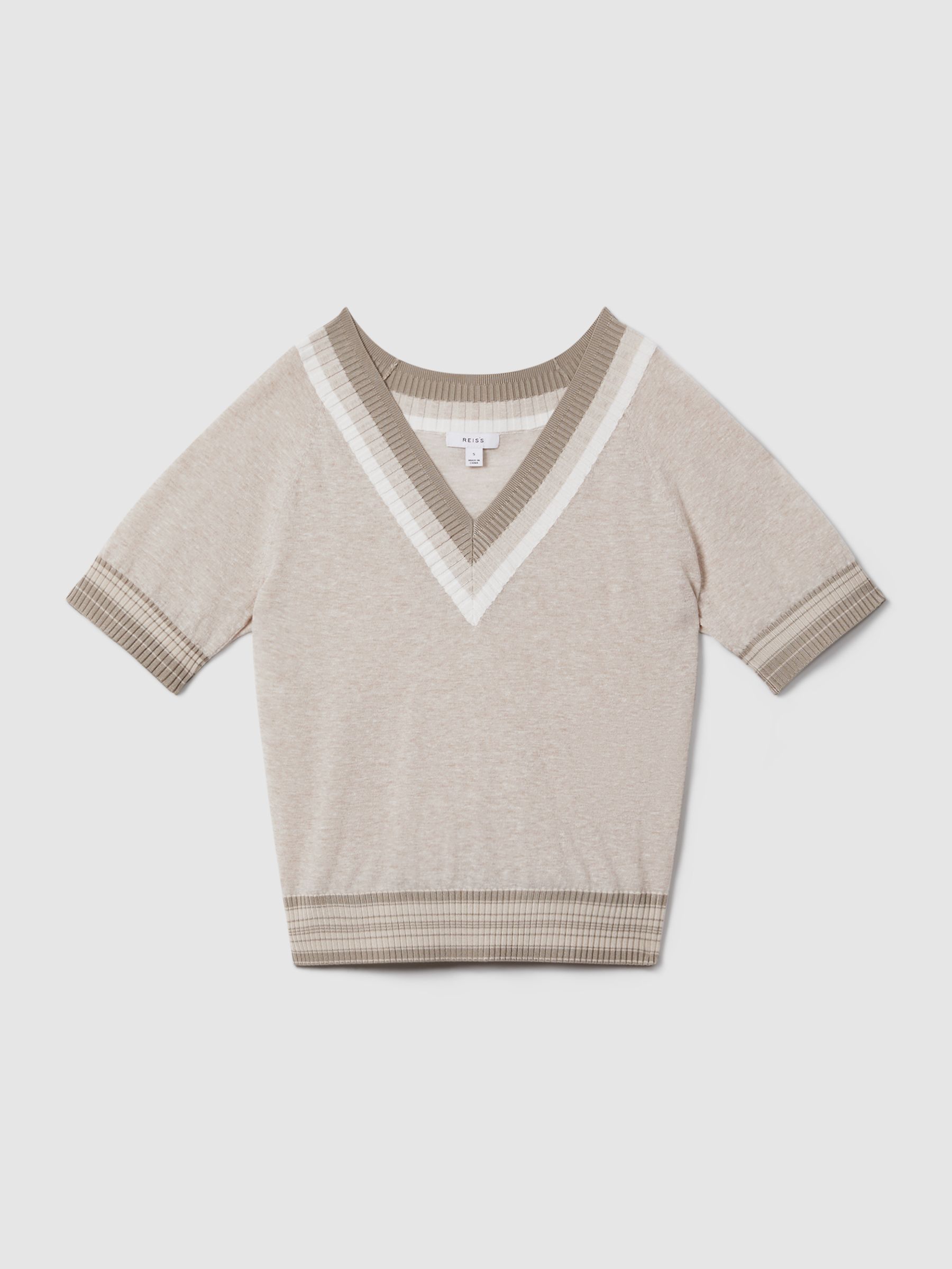 Cotton Blend Marled V-Neck Top in Neutral