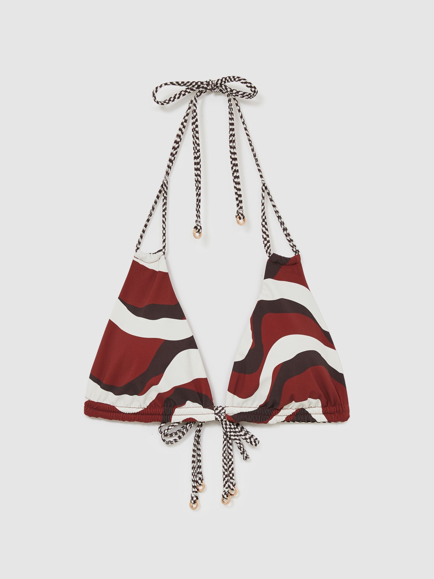 Chequered-Strap Triangle Bikini Top in Brown/Burgundy