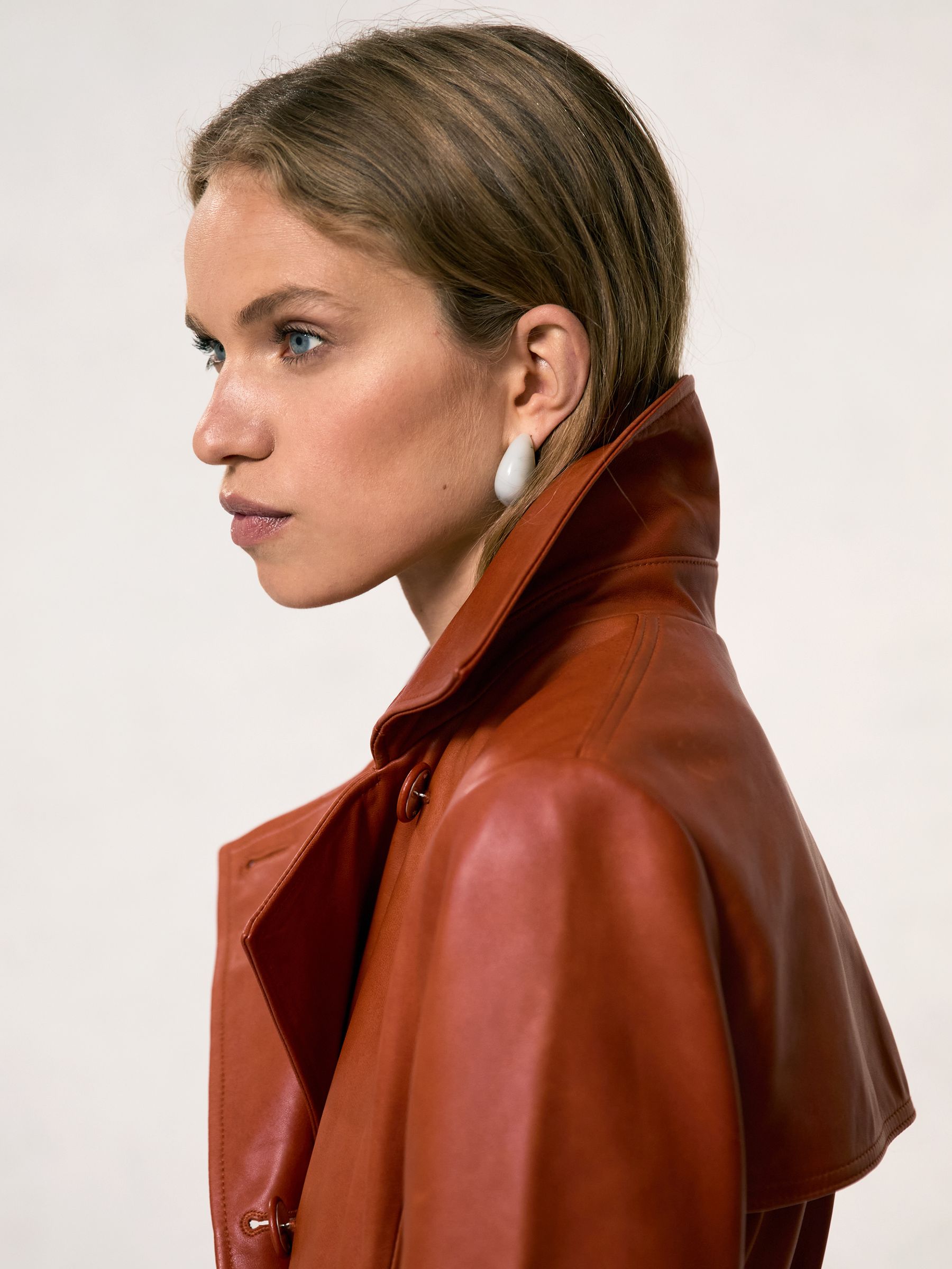 Leather Double-Breasted Trench Coat in Tan