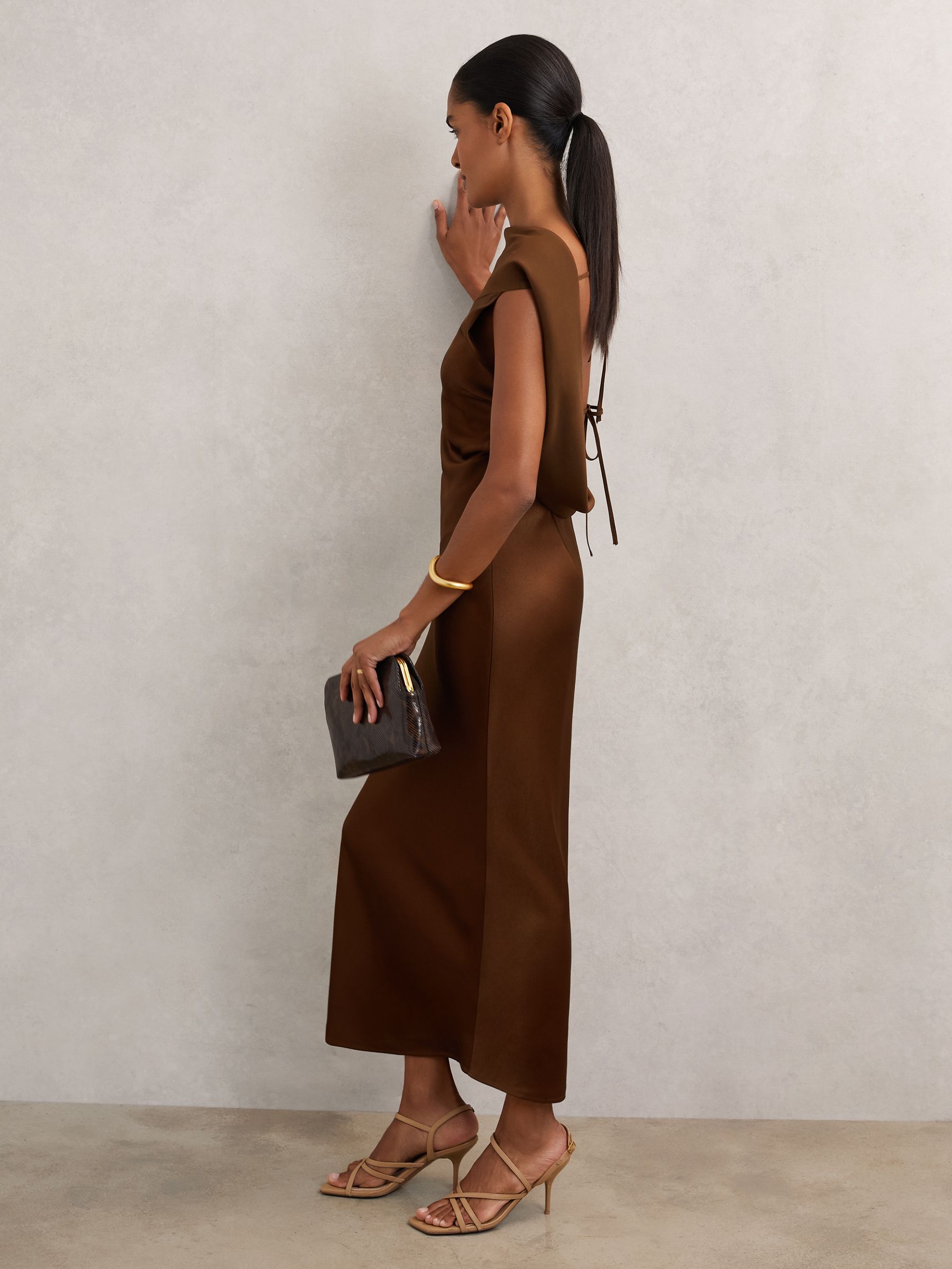 Satin Draped Open-Back Dress in Bronze
