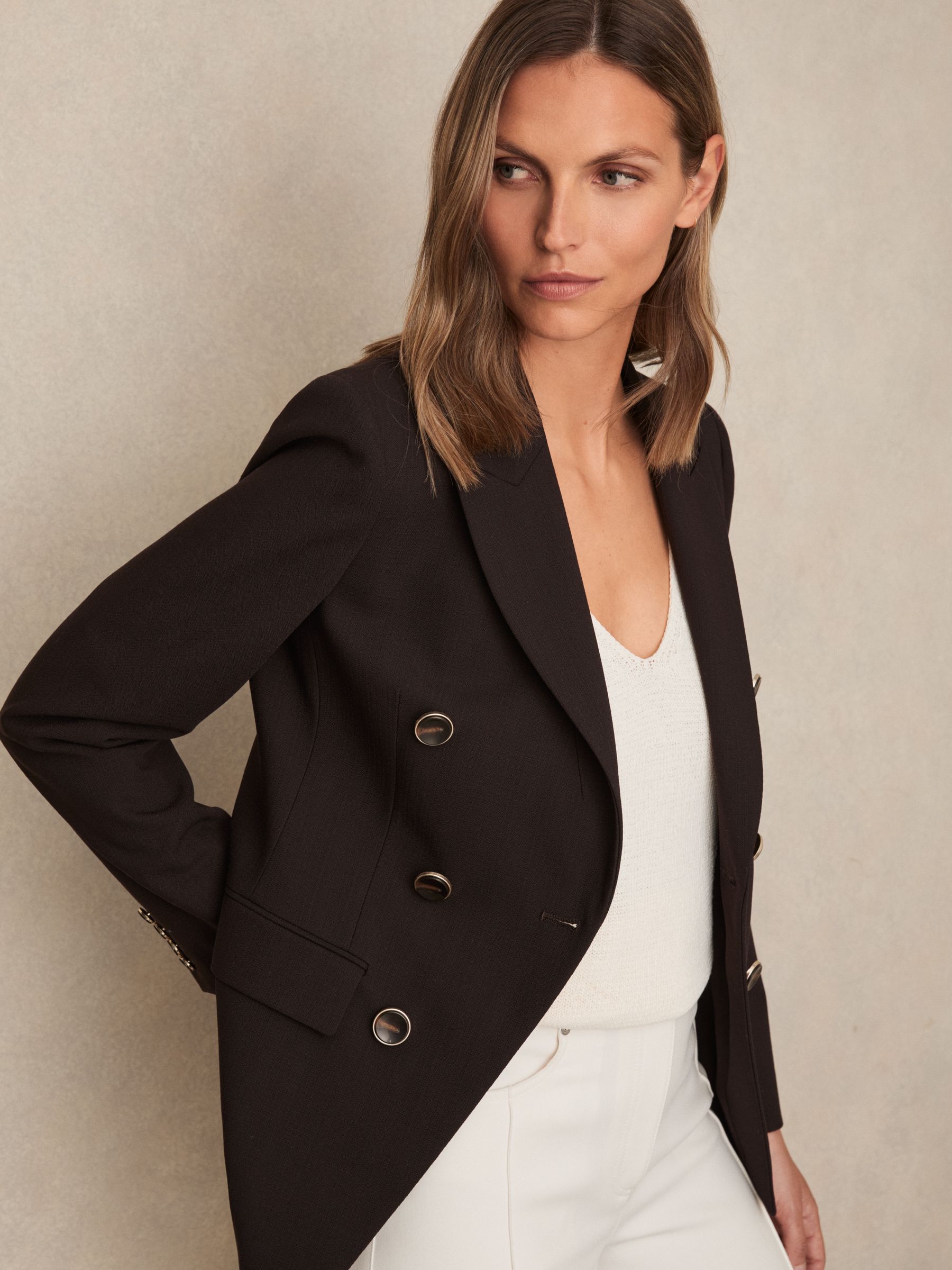Petite Wool-Blend Double-Breasted Blazer in Chocolate Brown