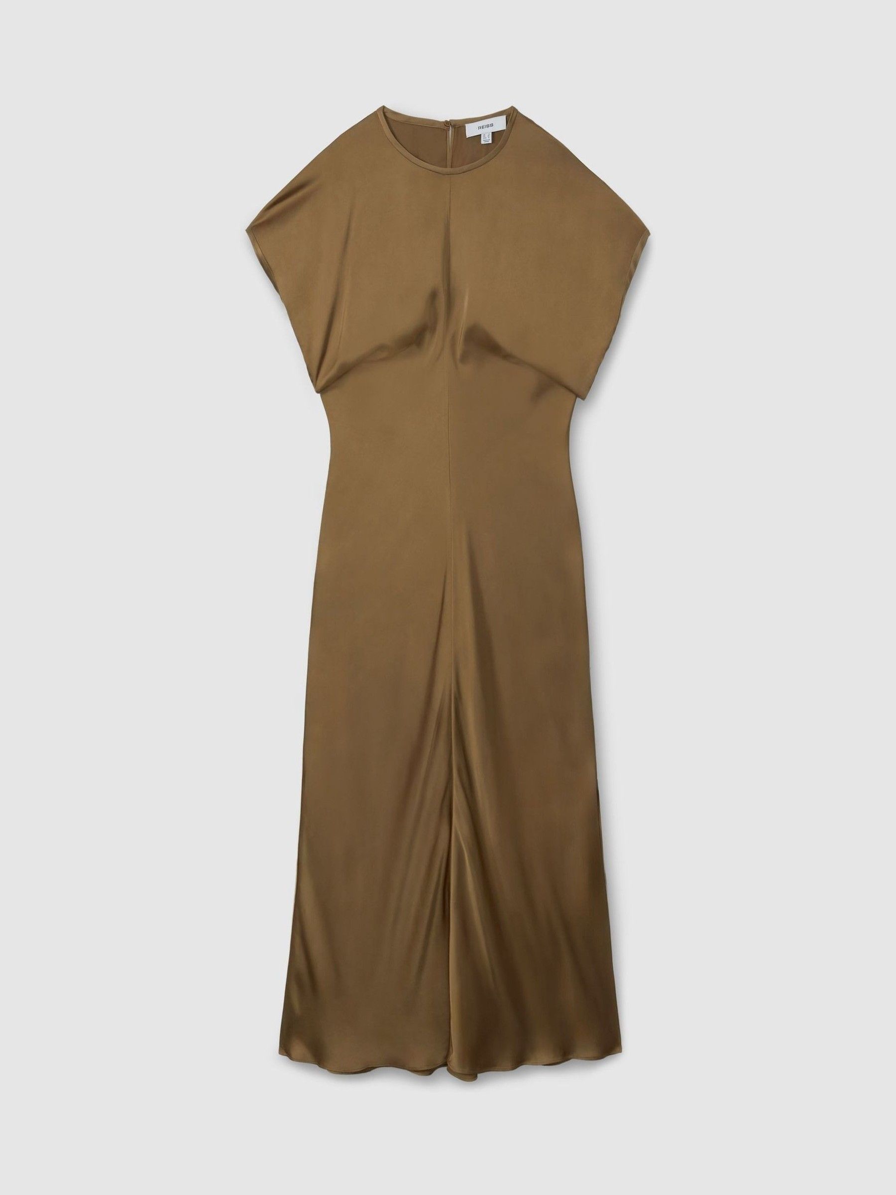 Satin Short-Sleeve Midi Dress in Khaki