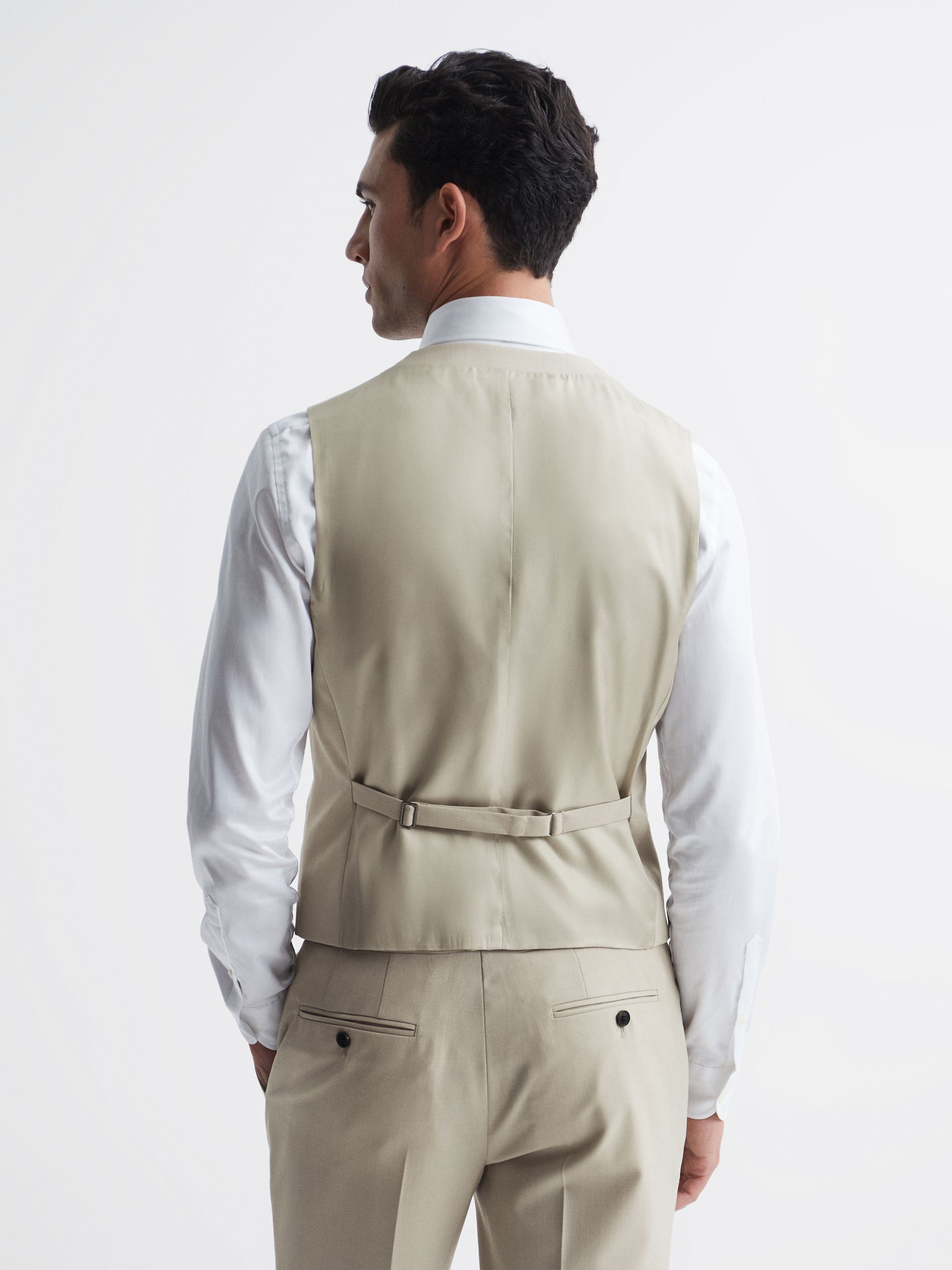 Classic Slim Fit Six Button Wool Waistcoat in Stone