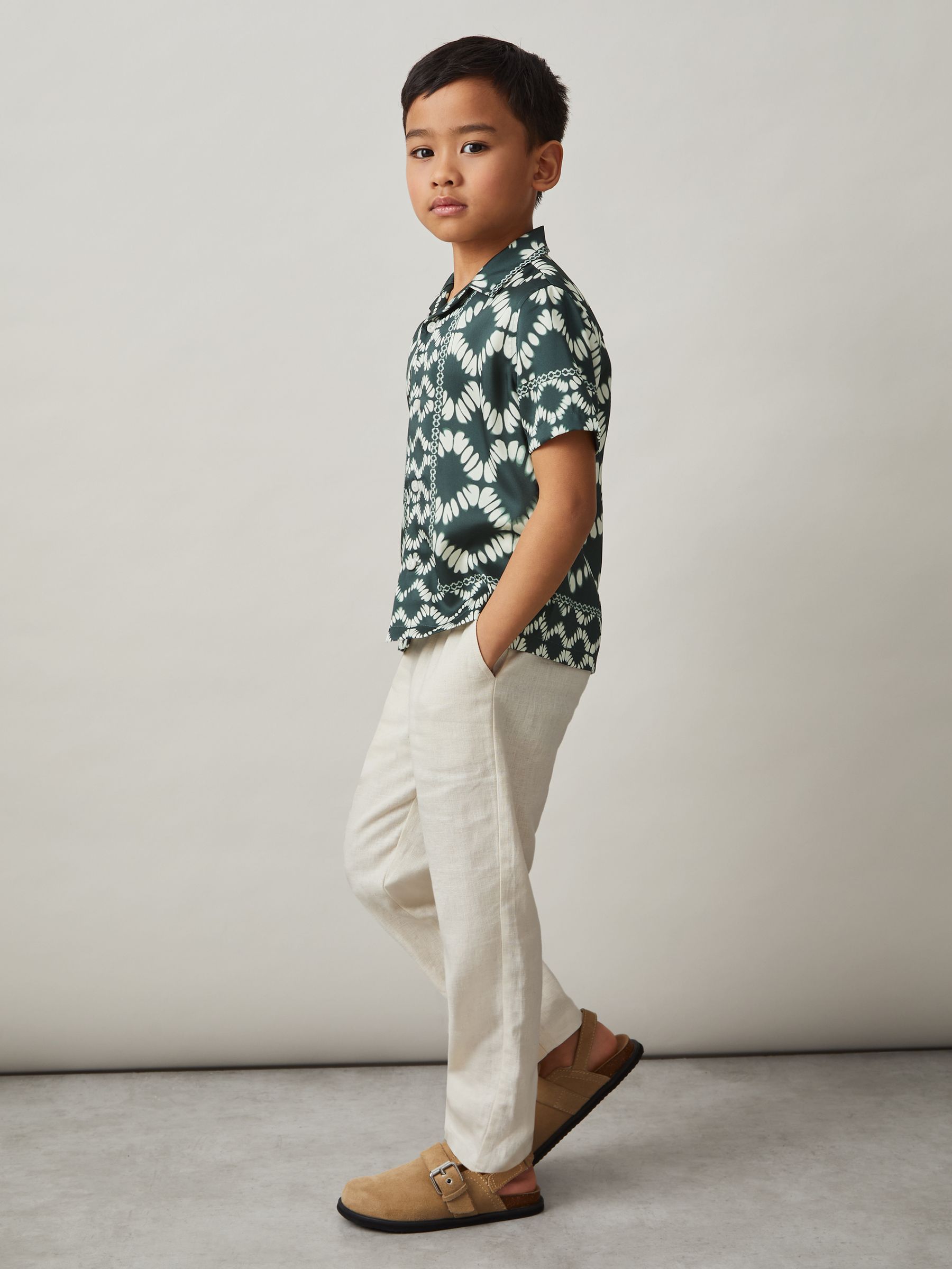 3-9 yrs Abstract Print Cuban Collar Shirt in Green