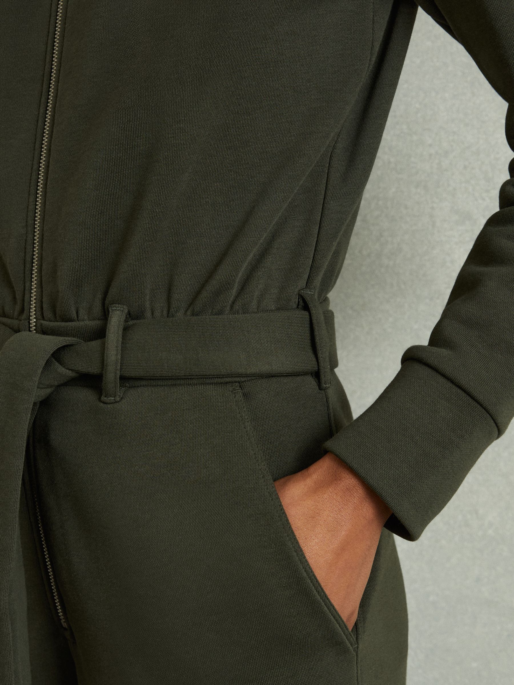 Belted Loopback-Jersey Jumpsuit in Khaki