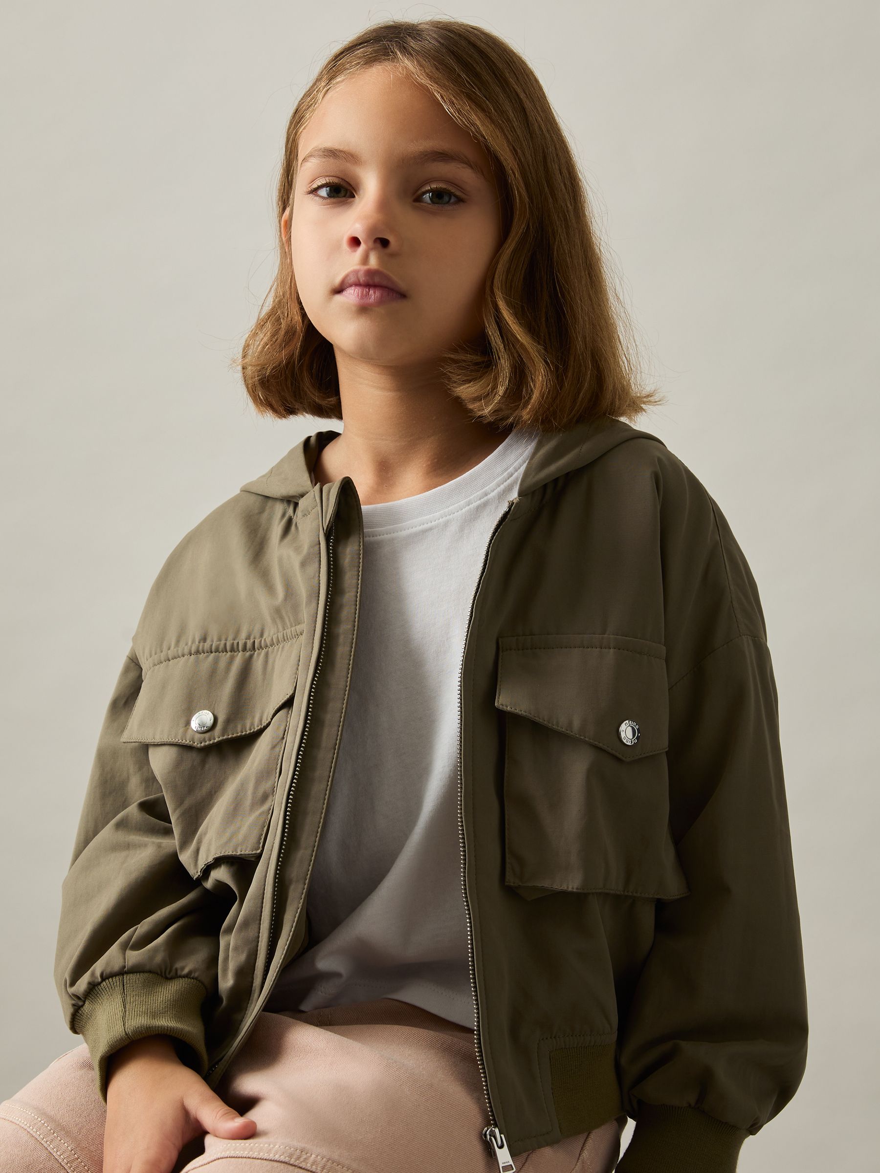 9-13 yrs Hooded Utility Bomber Jacket in Khaki