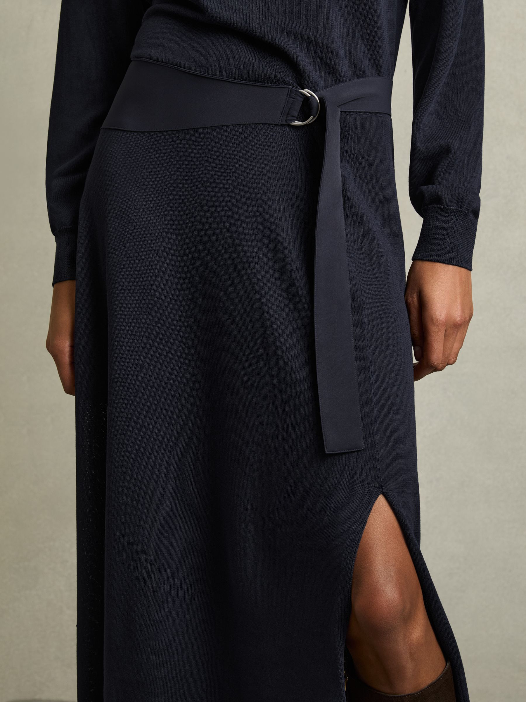 Petite Compact-Knit Belted Midi Dress in Navy