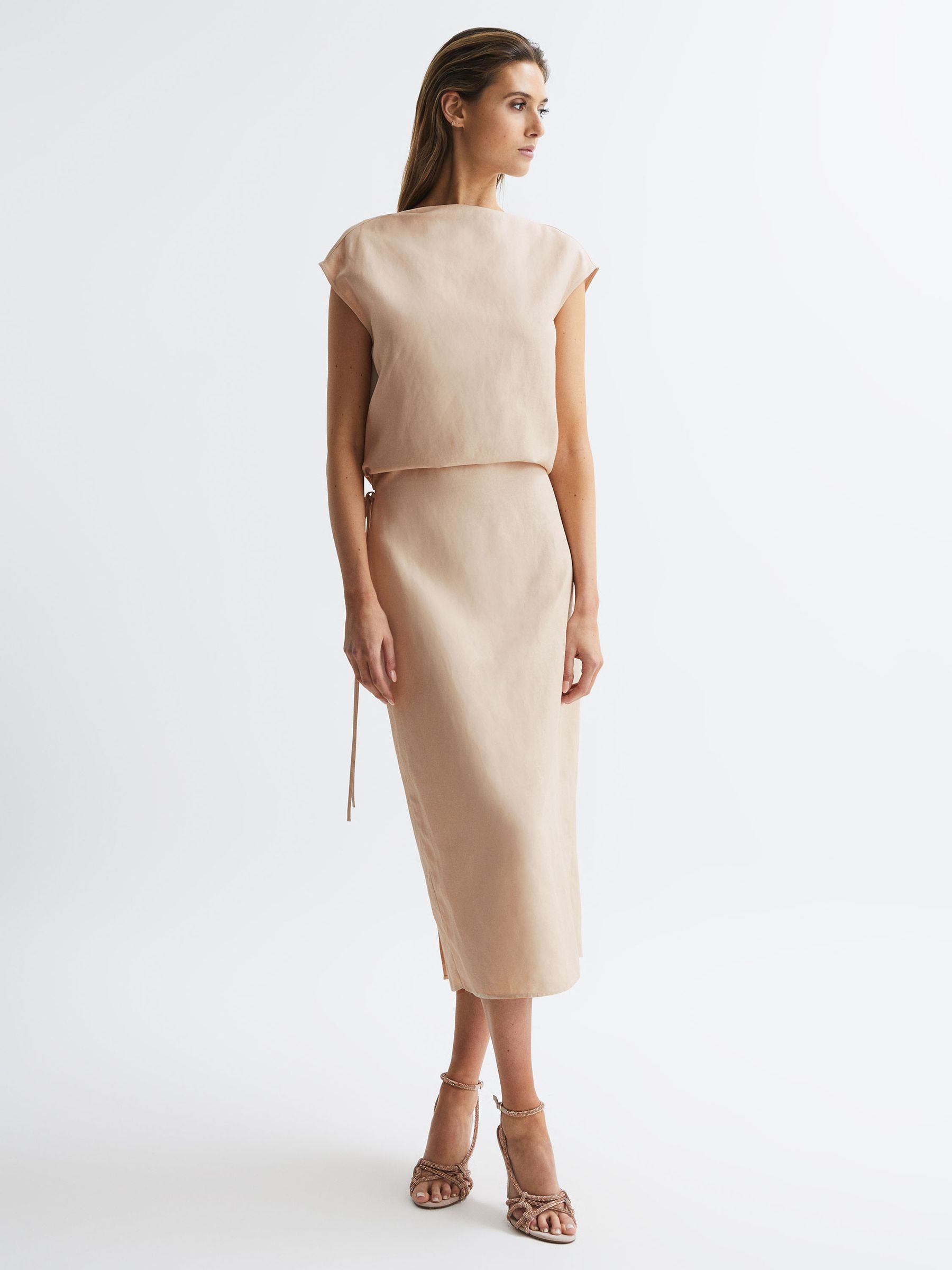 Premium Linen Blend Open-Back Midi Dress in Nude