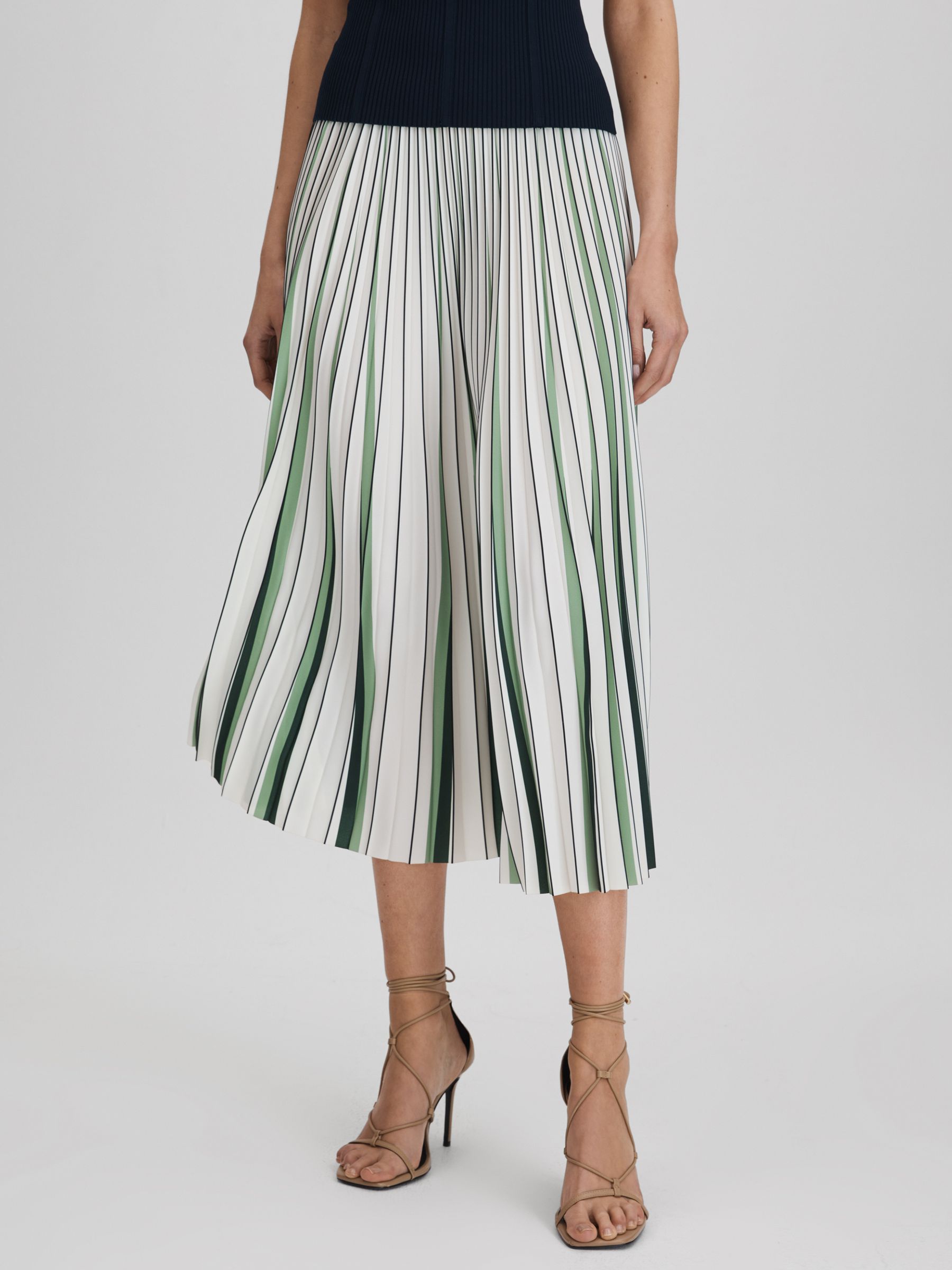 Pleated Striped Midi Skirt in Green/Cream