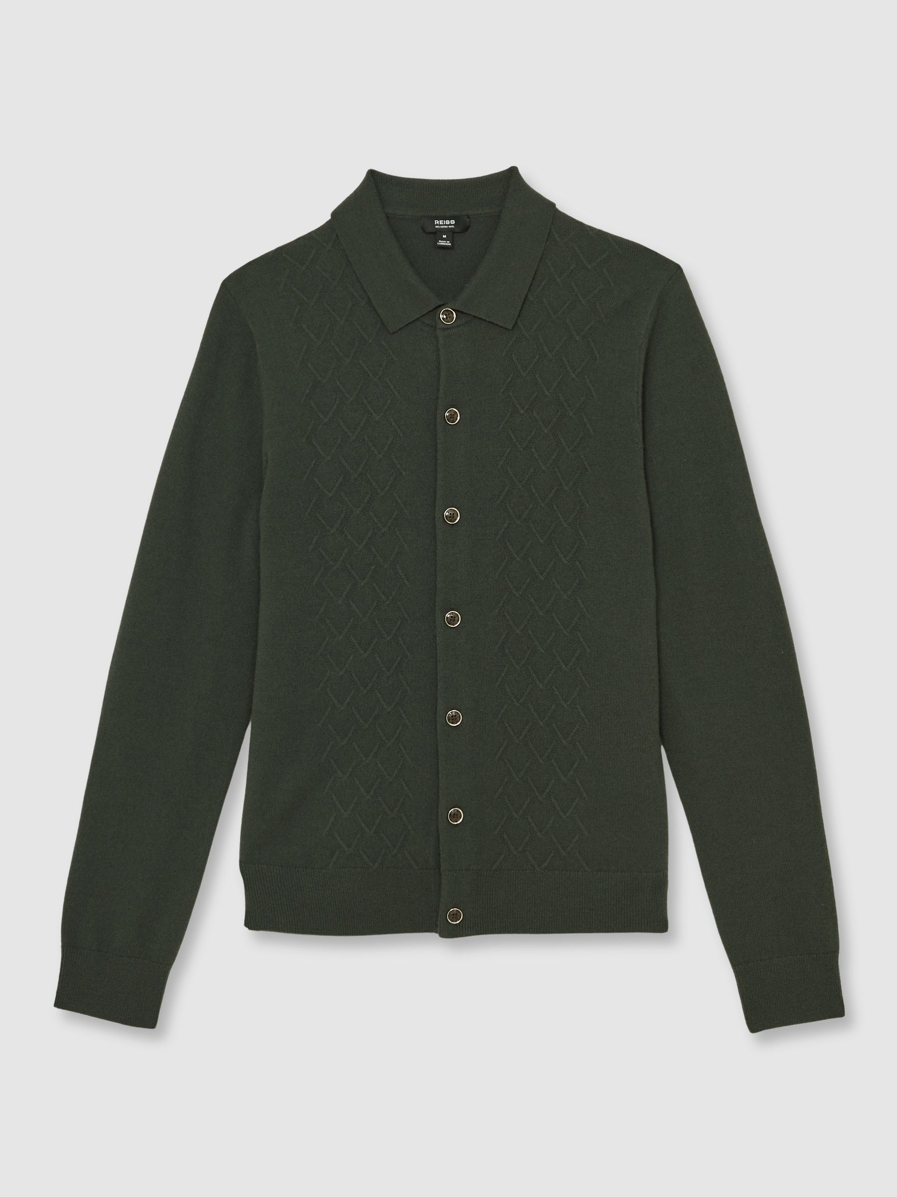 Wool V-Stitch Button-Through Cardigan in Forest Green