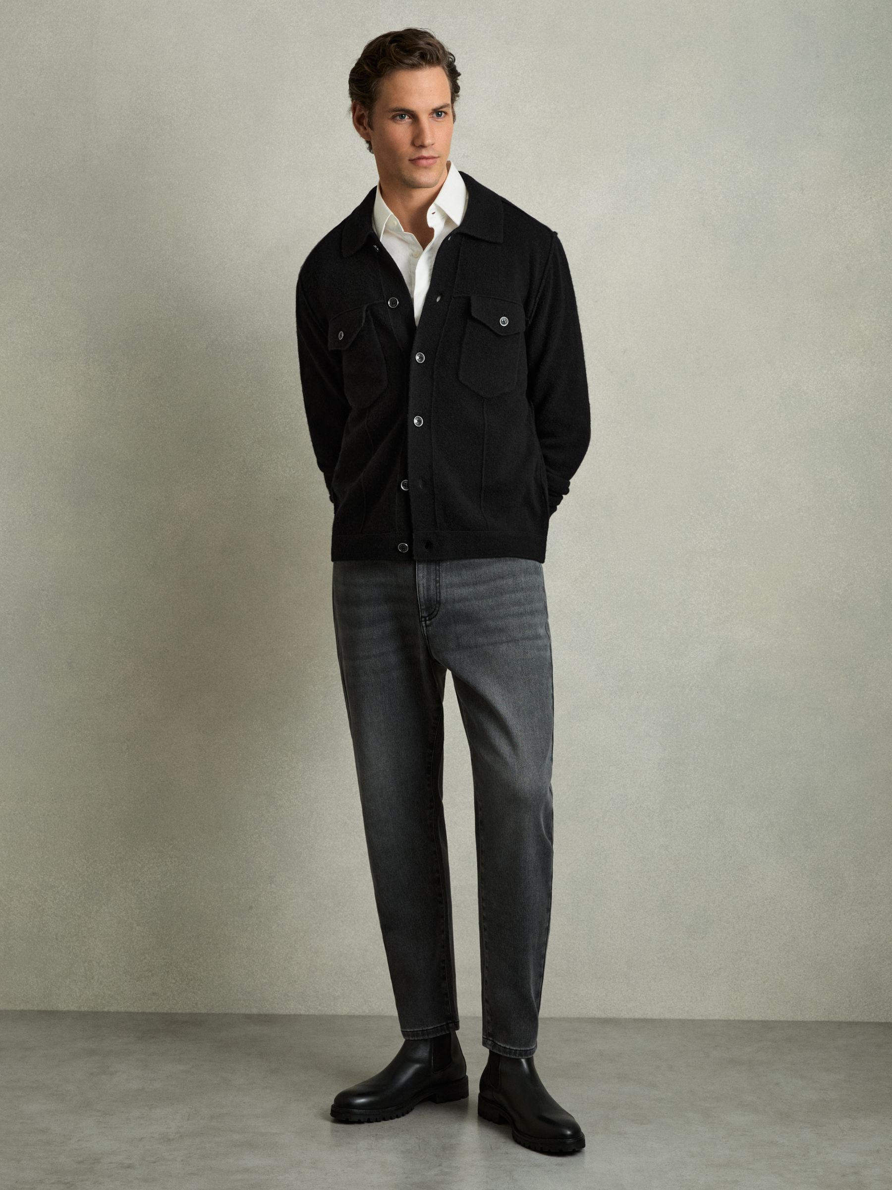 Wool Button Through Knitted Jacket in Black