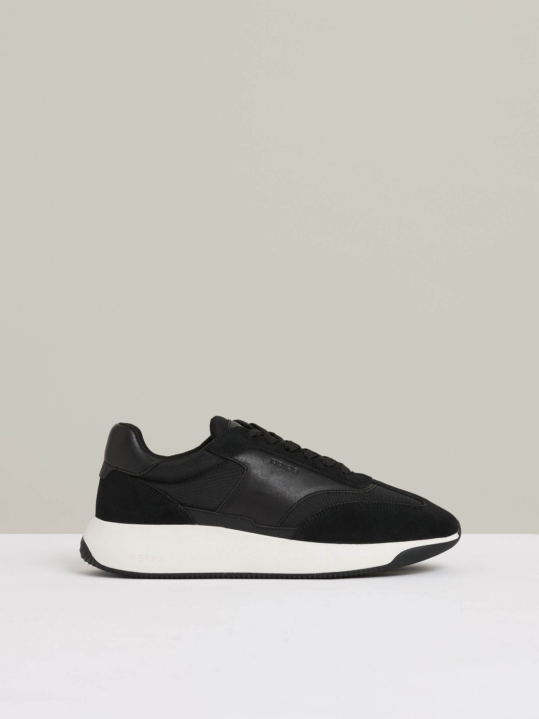 Leather Suede Running Trainers in Black/White