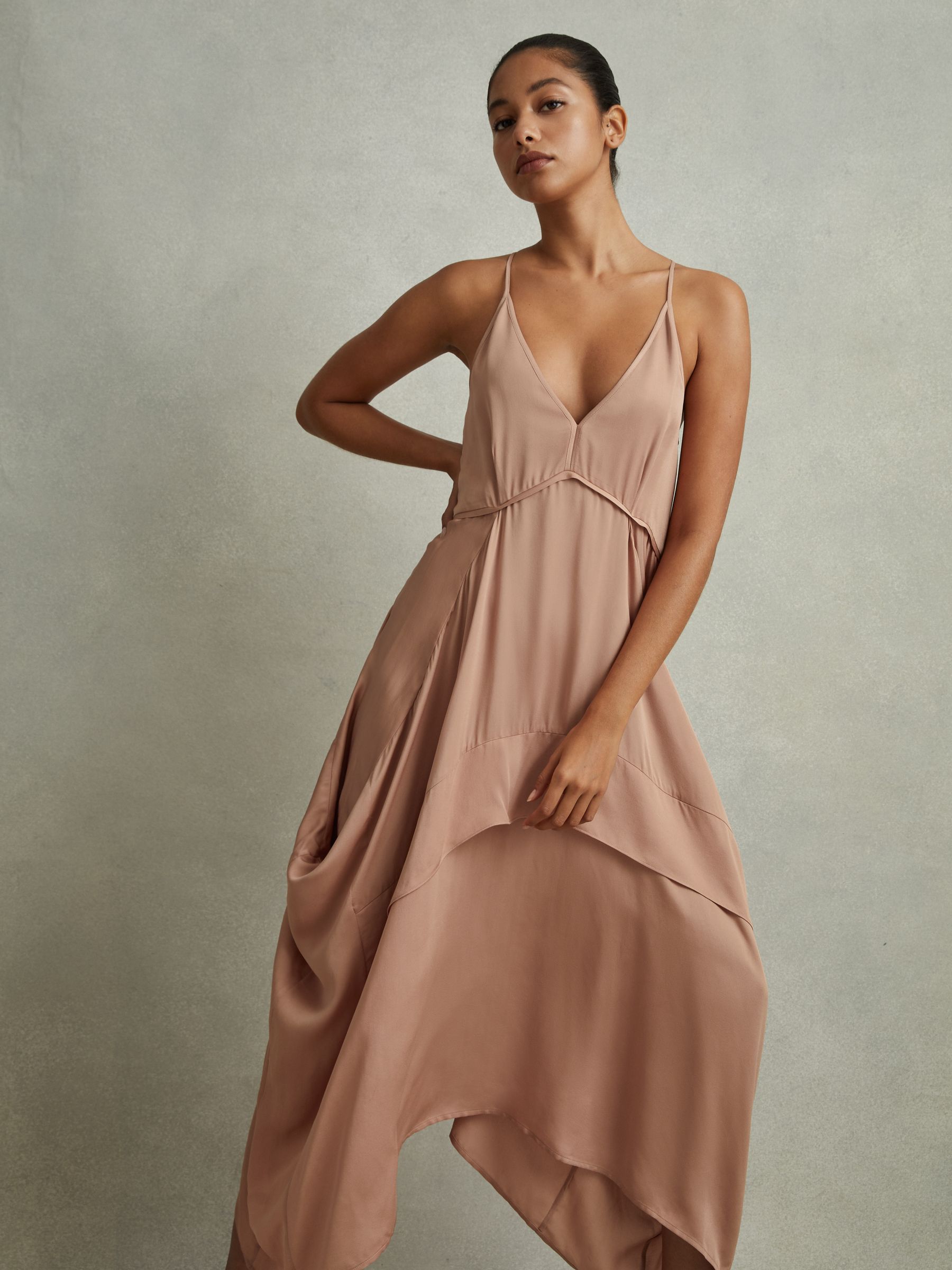 Viscose Side Pleat Asymmetric Midi Dress in Nude