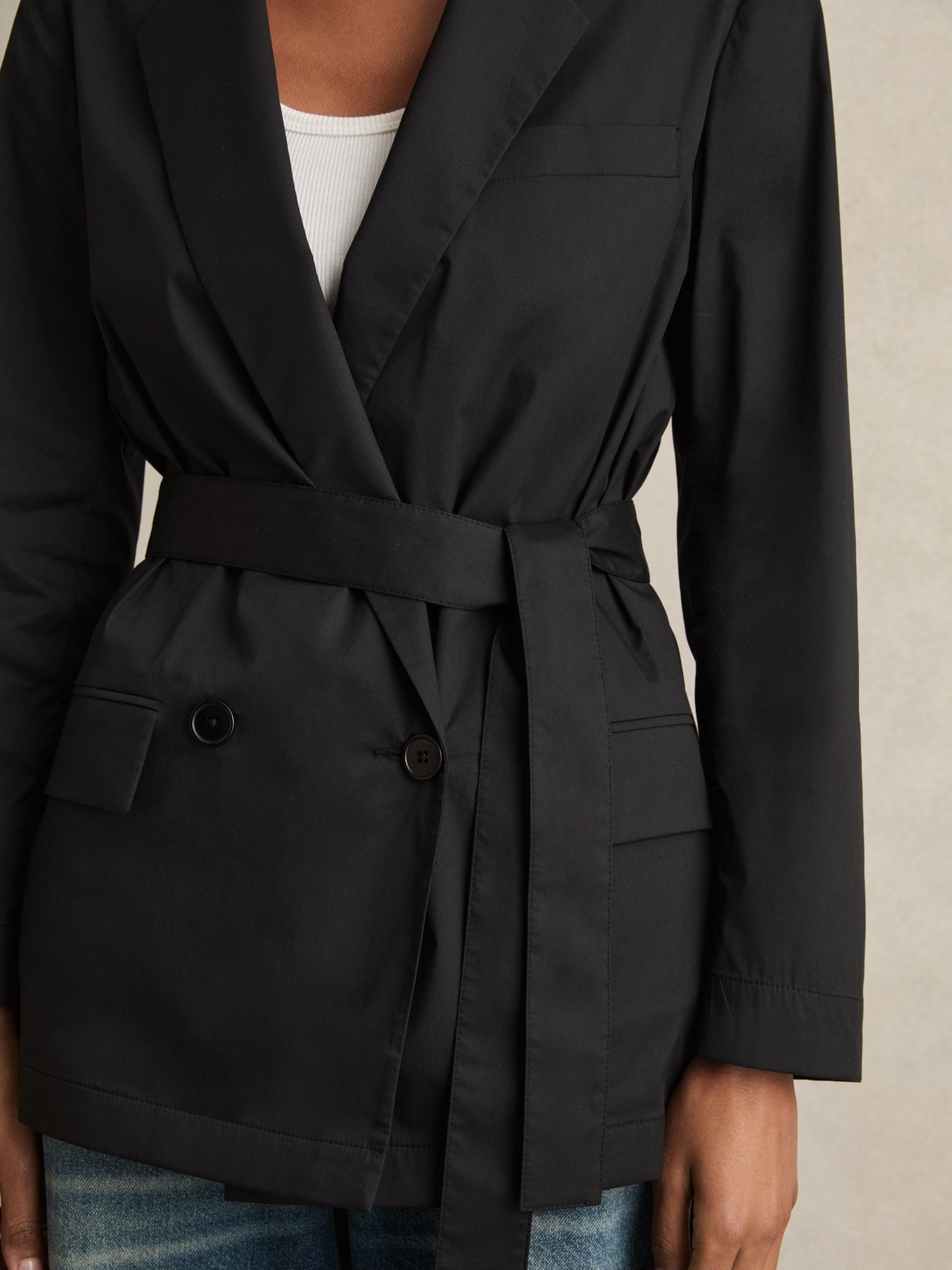 Cotton Blend Double Breasted Belted Jacket in Black