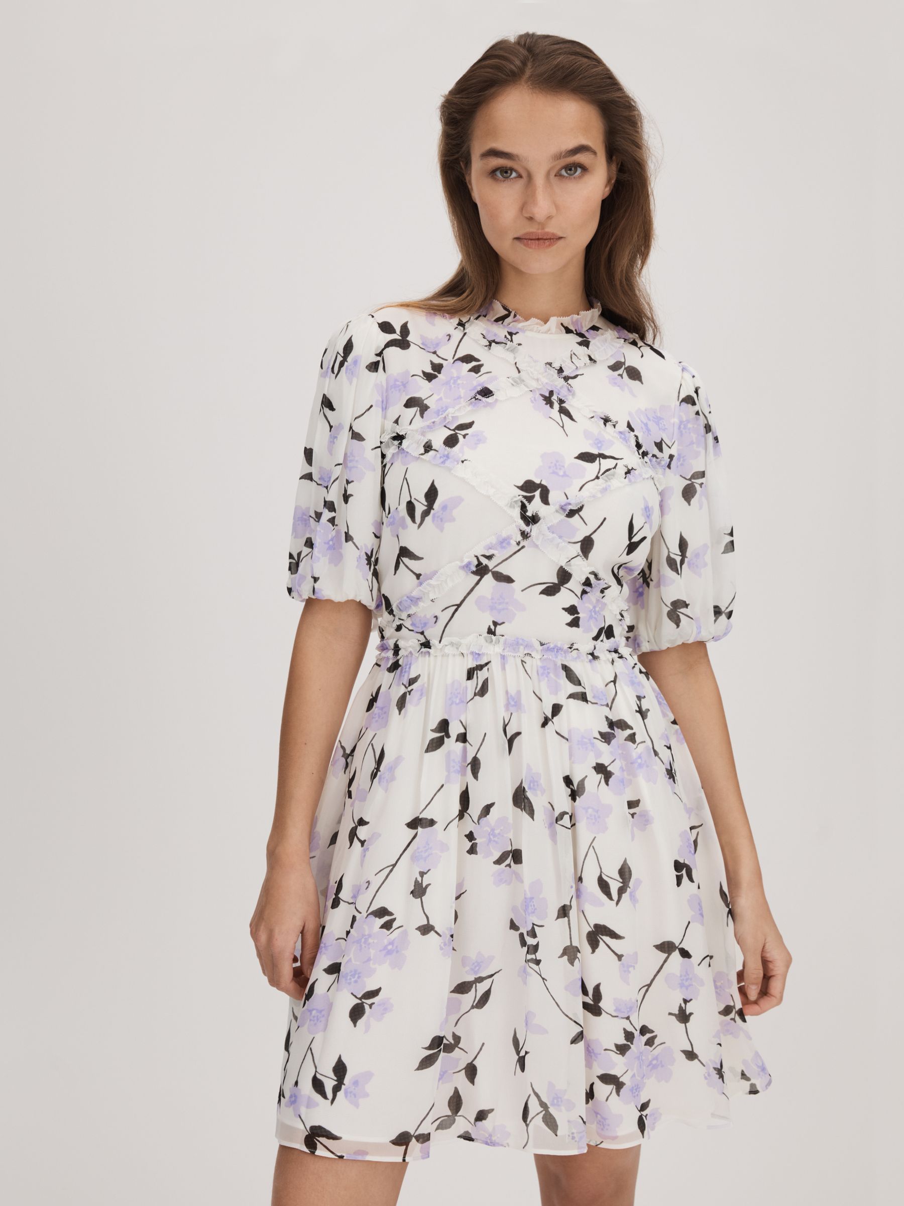 Florere Printed Puff Sleeve Mini Dress in Lilac