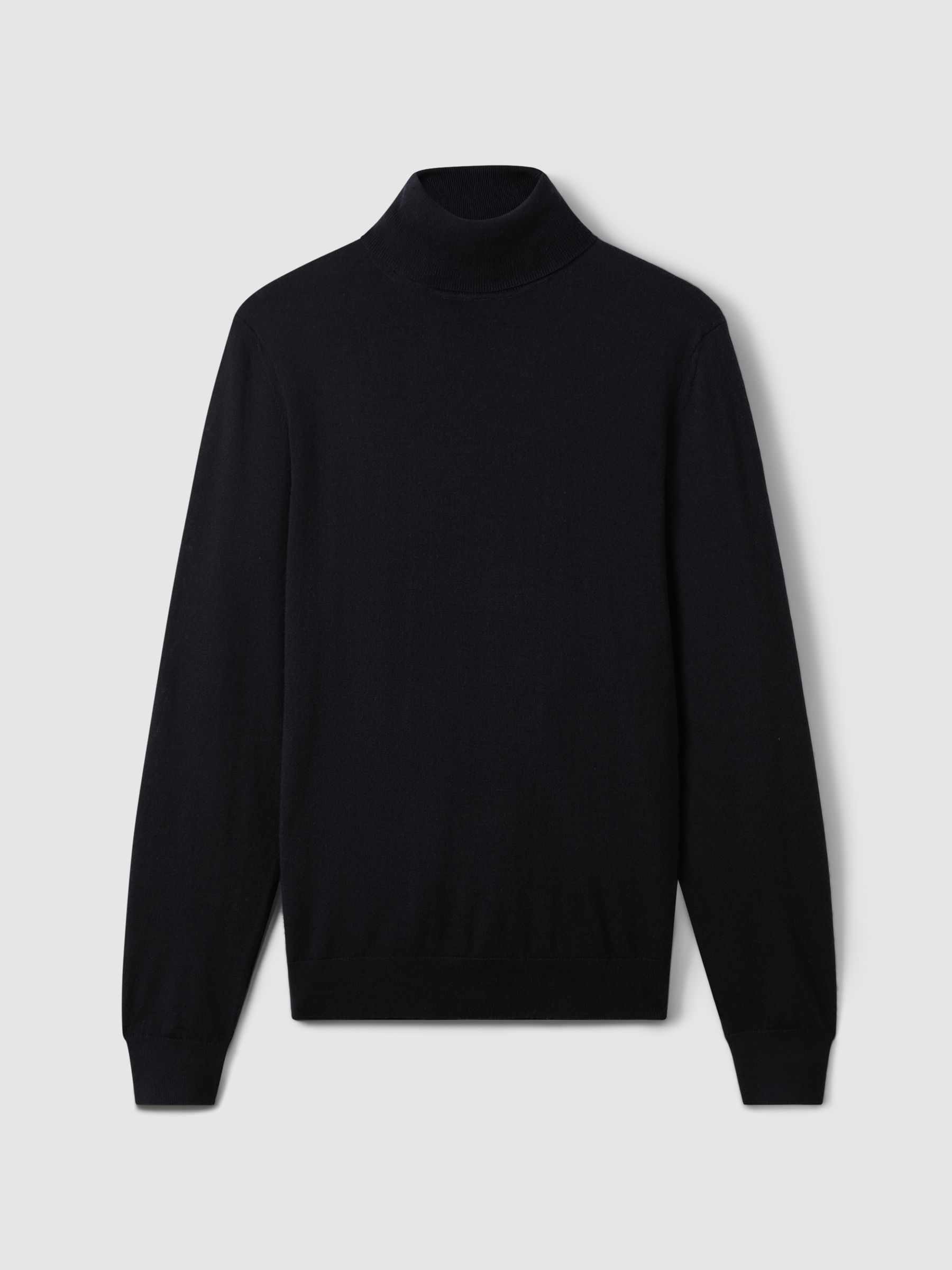Slim Fit Merino Wool Roll Neck Jumper in Navy