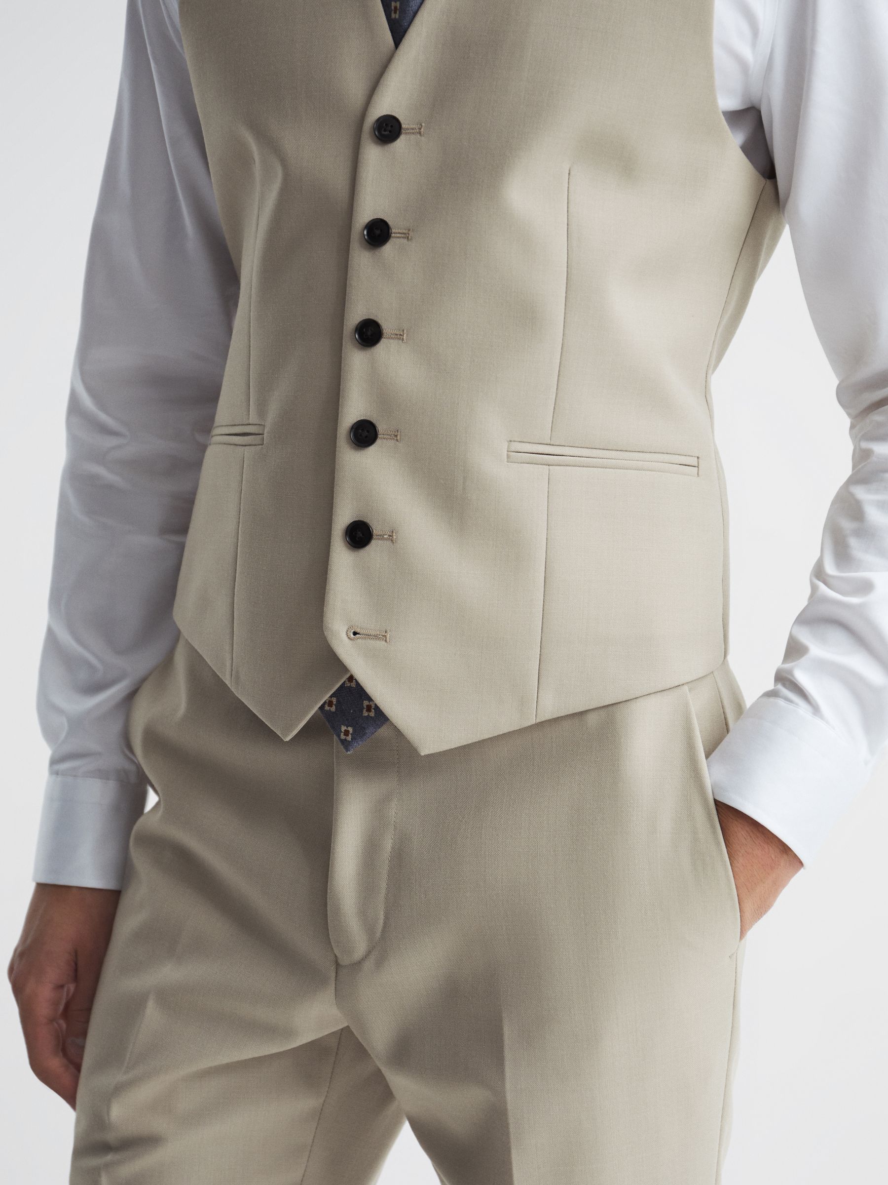 Classic Slim Fit Six Button Wool Waistcoat in Stone