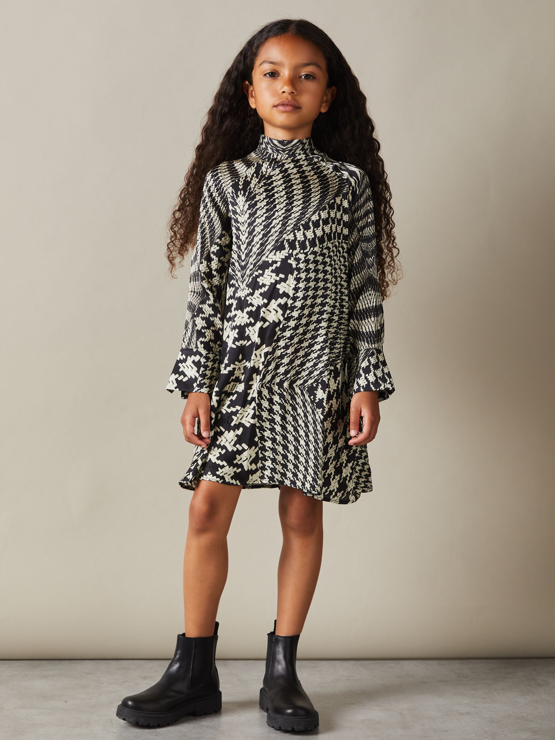 9-13 yrs Dogtooth Flared Hem Dress in Black/Cream