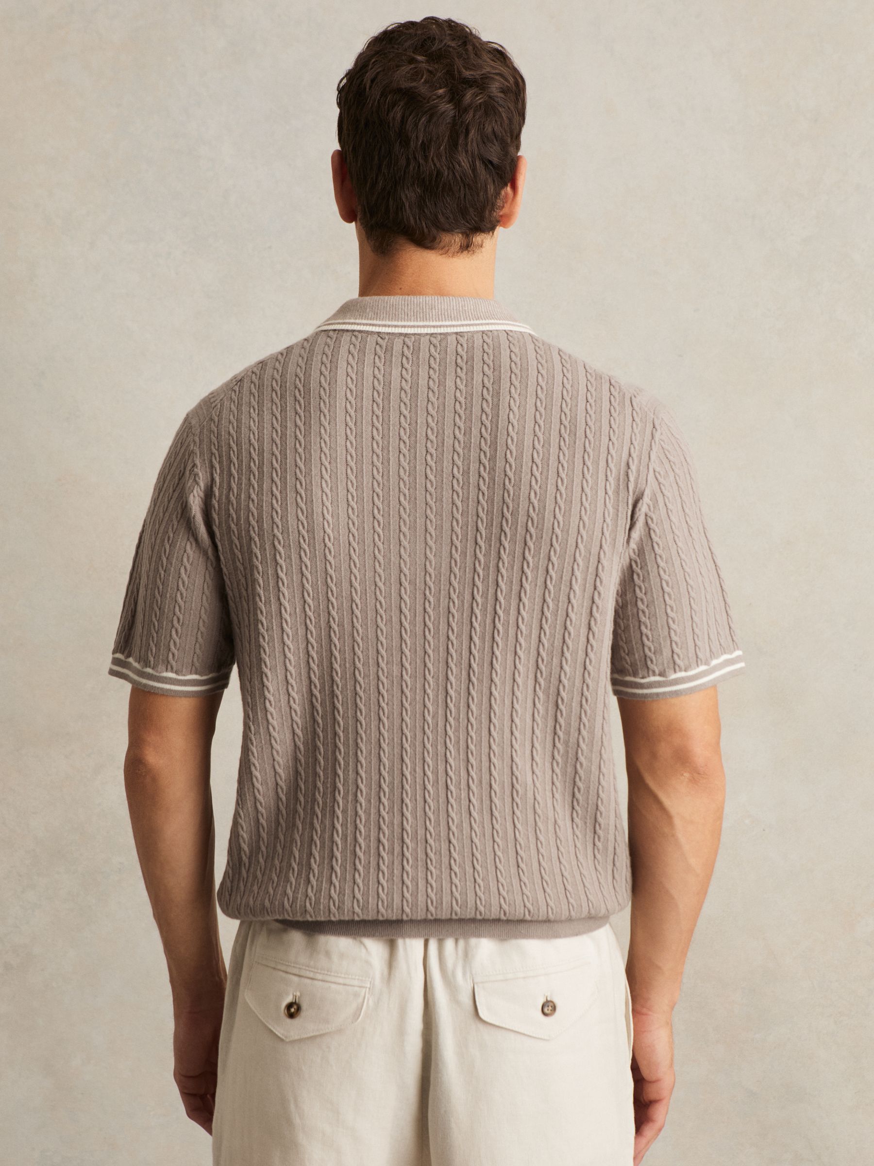 Micro-Cable Half-Zip Polo Shirt in Light Taupe Brown
