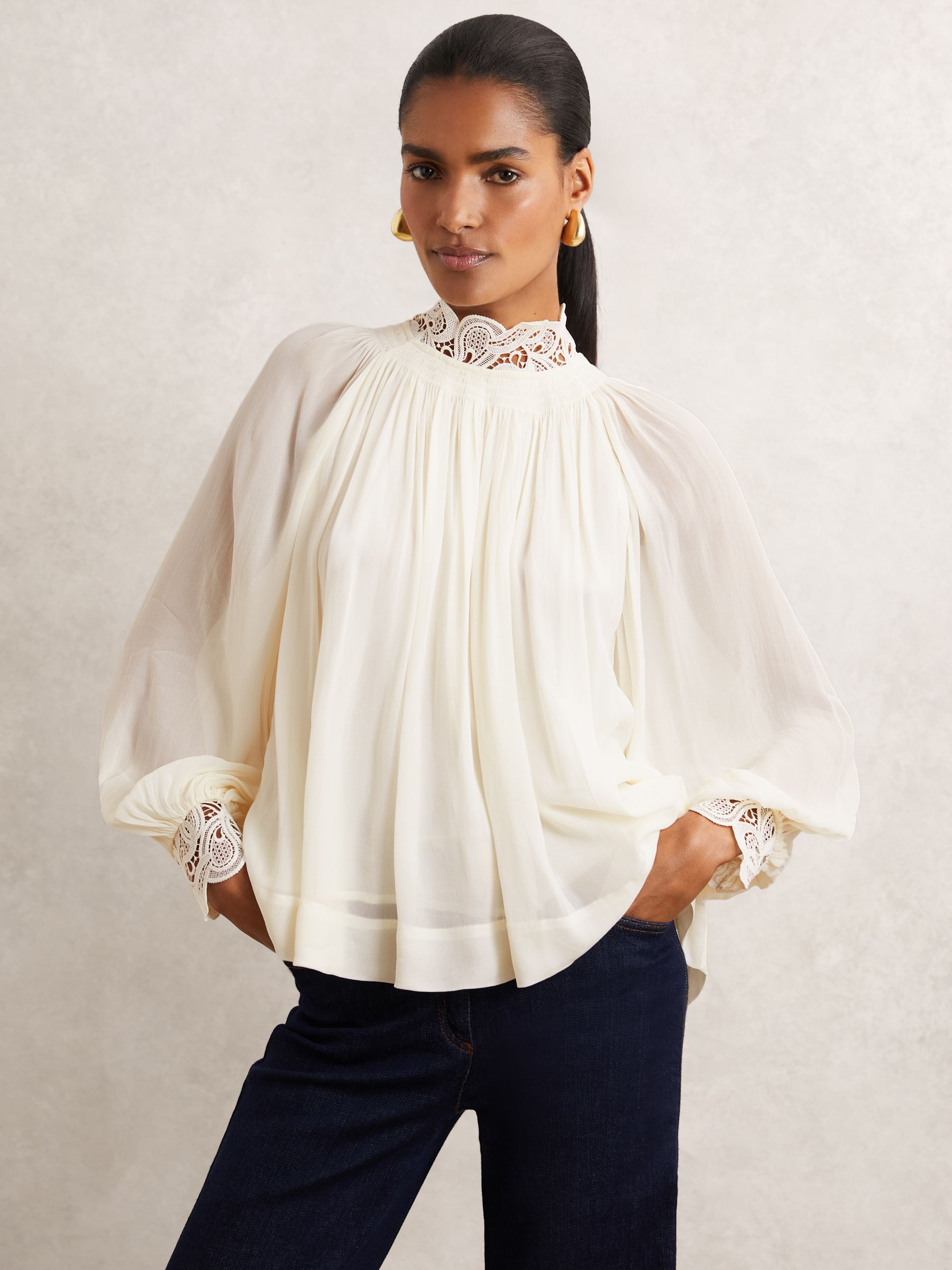 Lace-Trim Draped Chiffon Top in Cream