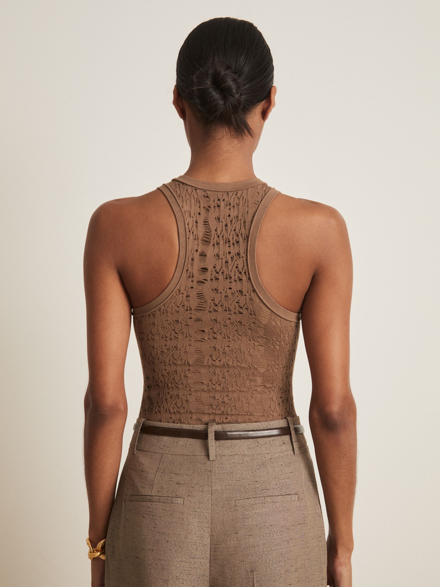 Atelier Lace-Knit High-Neck Bodysuit in Taupe
