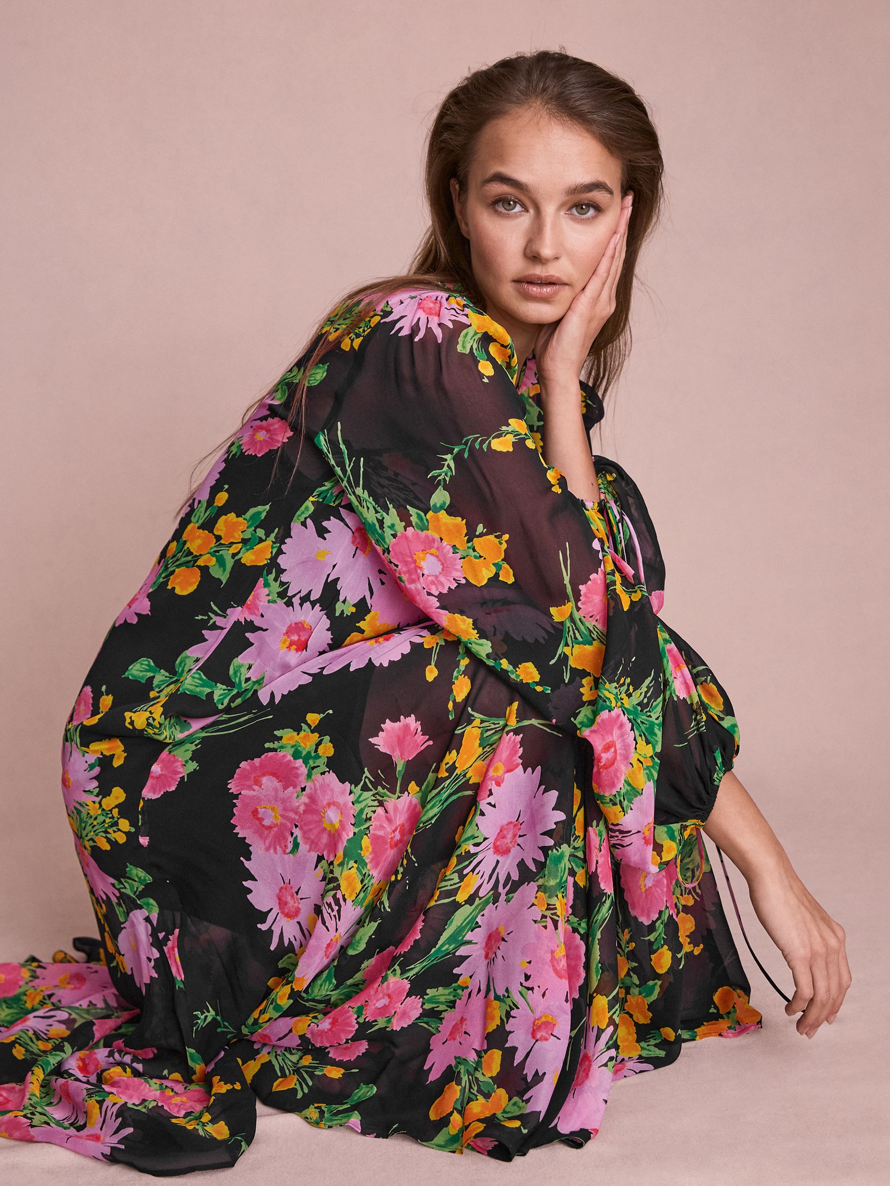 Florere Sheer Asymmetric Midi Dress in Pink/Black