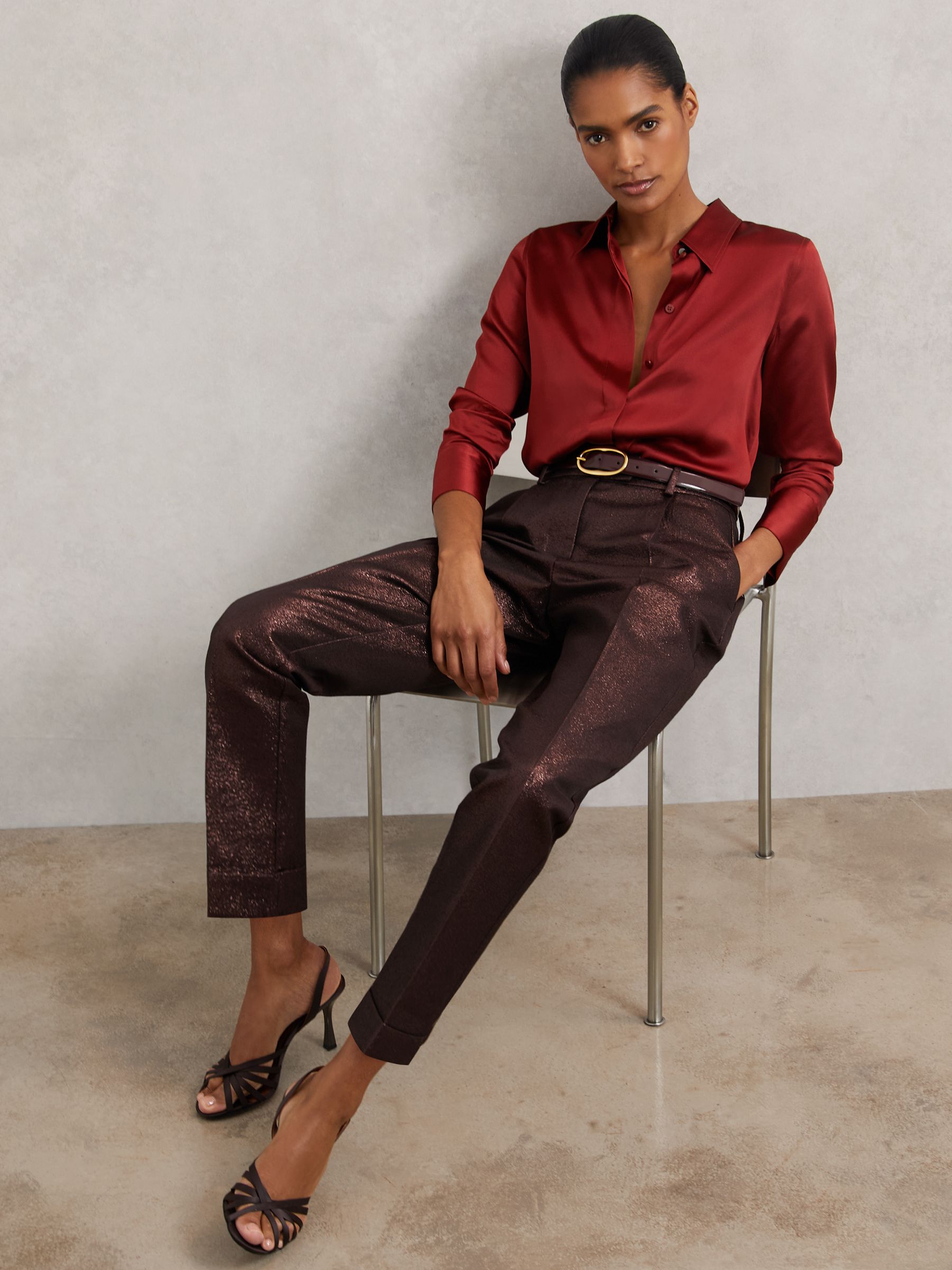 Petite Tapered Metallic Suit Trousers with Cotton in Burgundy